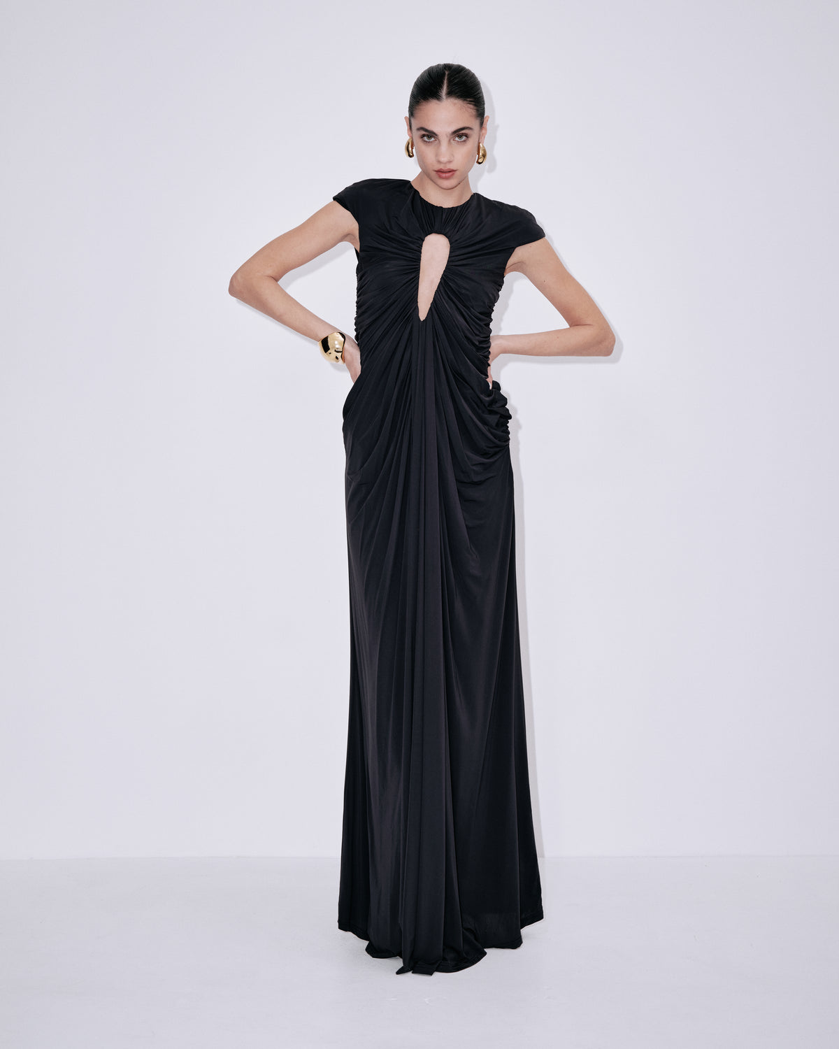 Black draped maxi dress with ruched bodice and keyhole neckline