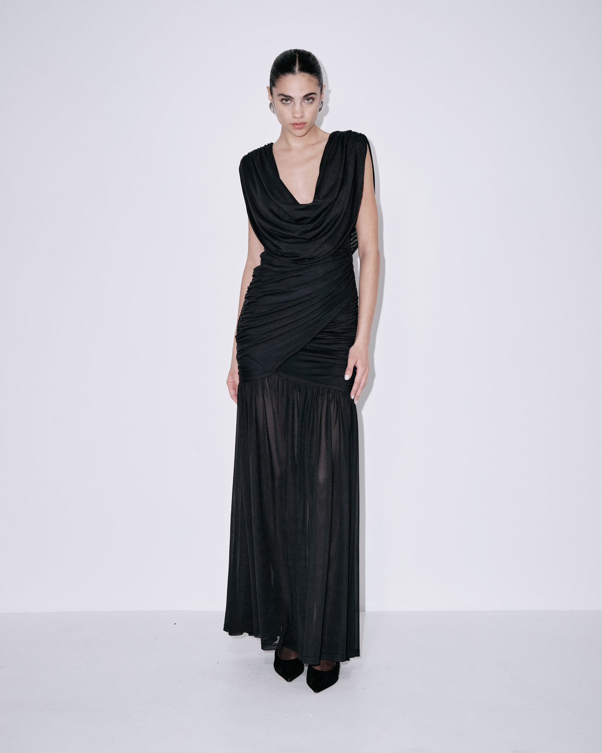 Rochelle dress in black with draped cowl neckline and sleeveless ruched bodice