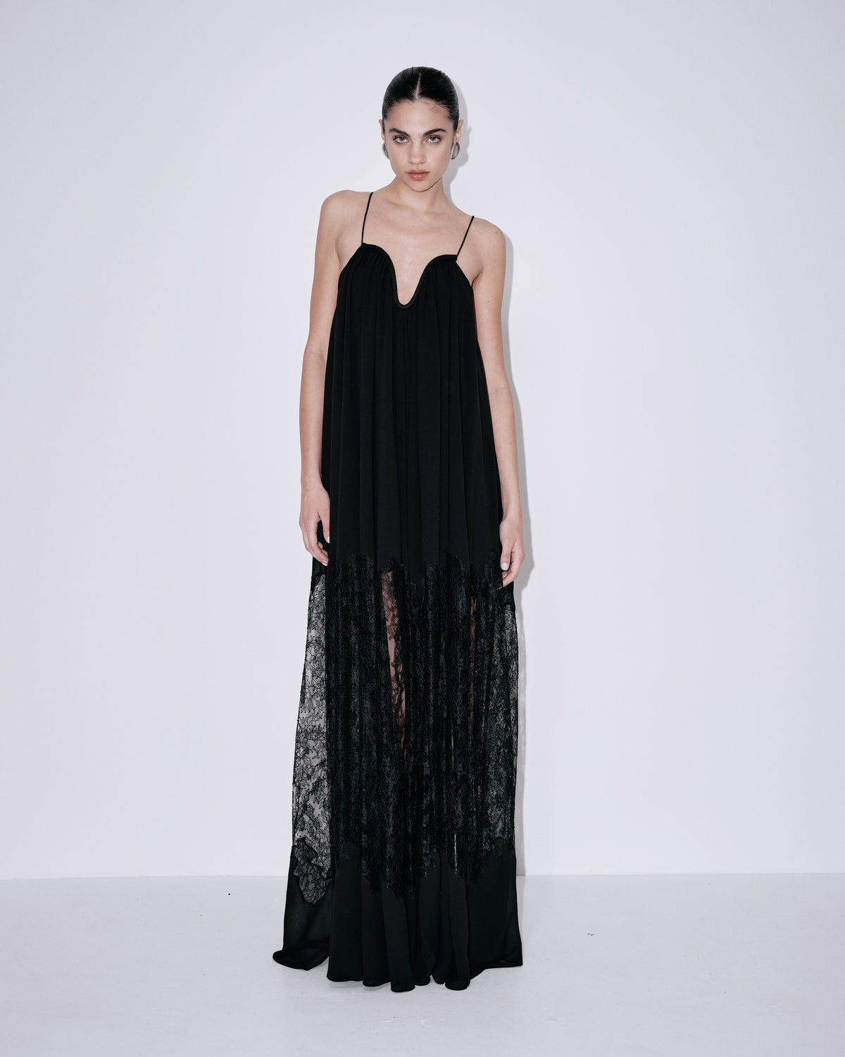 Gabriella dress in black: spaghetti-strap maxi with sweetheart neckline, lace hem