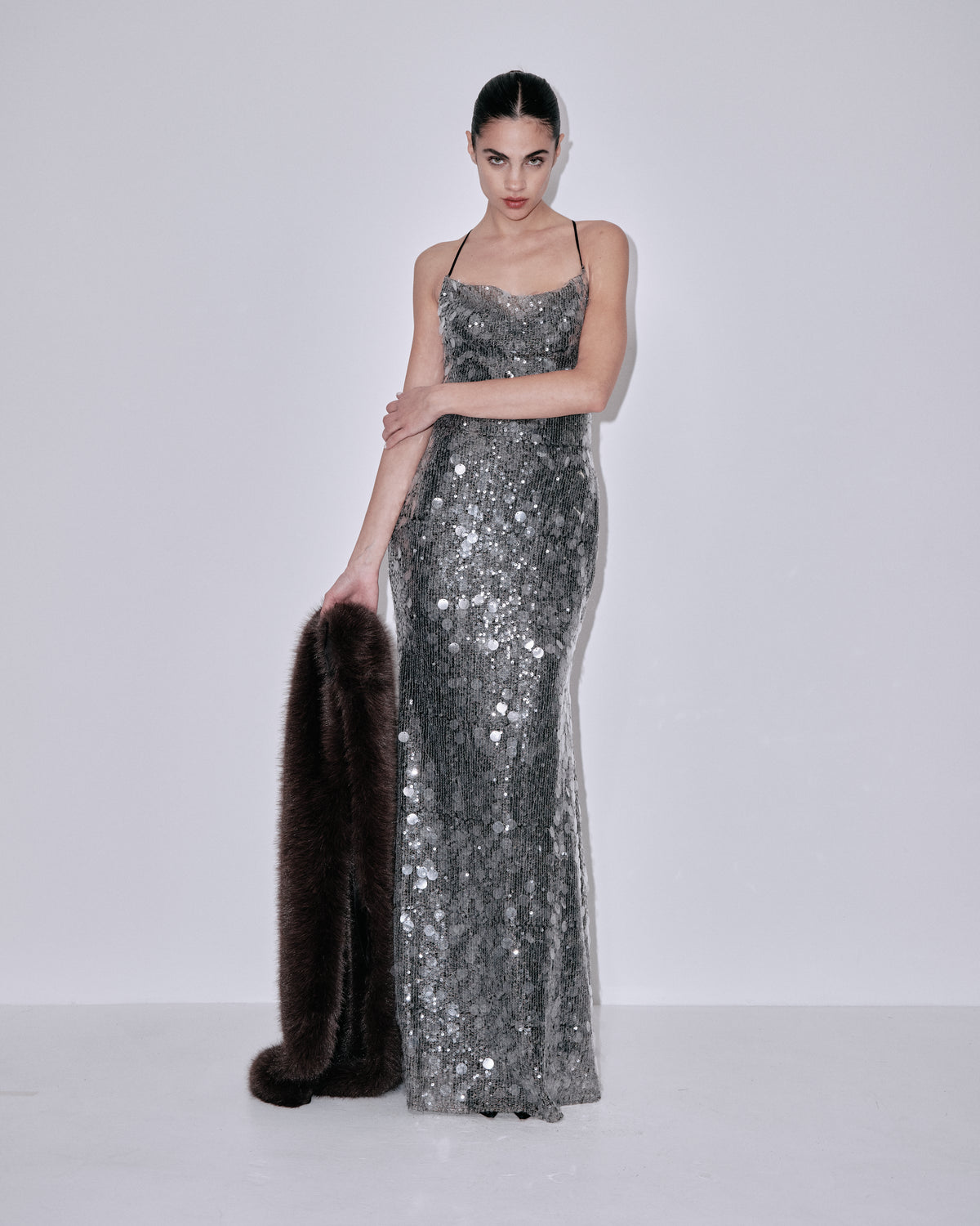 Silver sequin maxi dress with spaghetti straps and square neckline