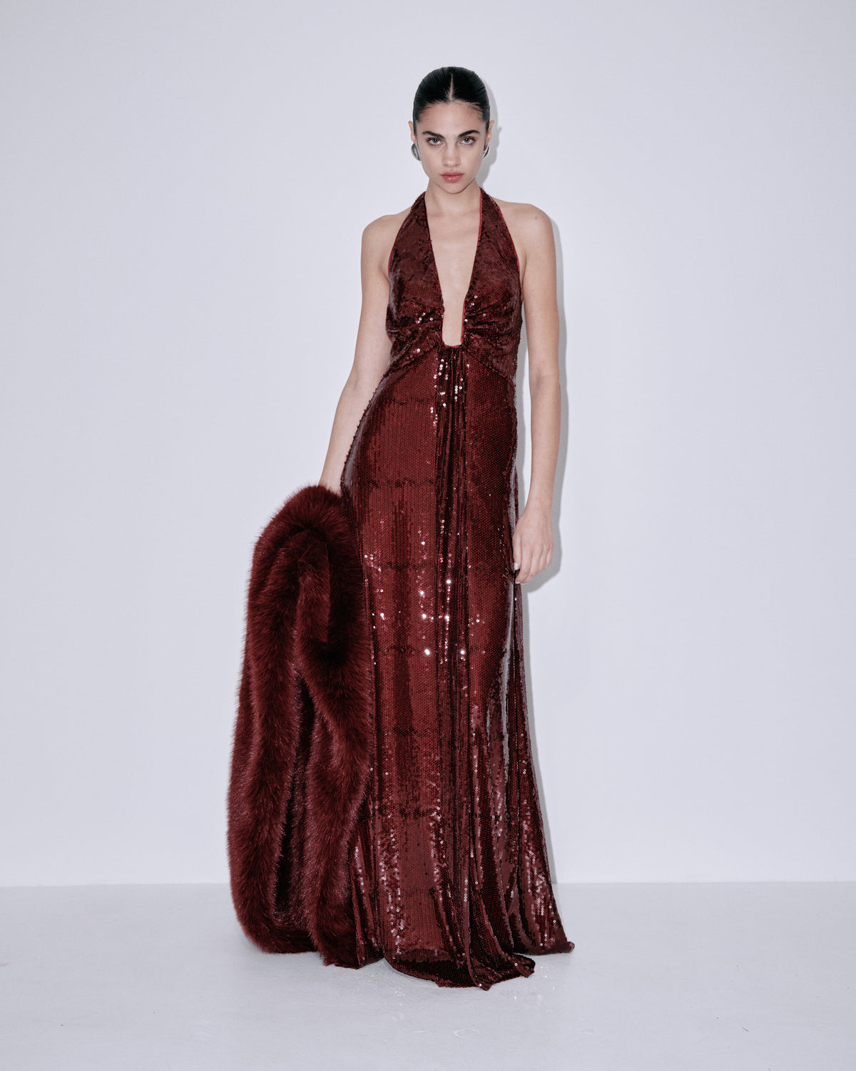 Wine sequin halter dress with faux-fur shoulder wrap