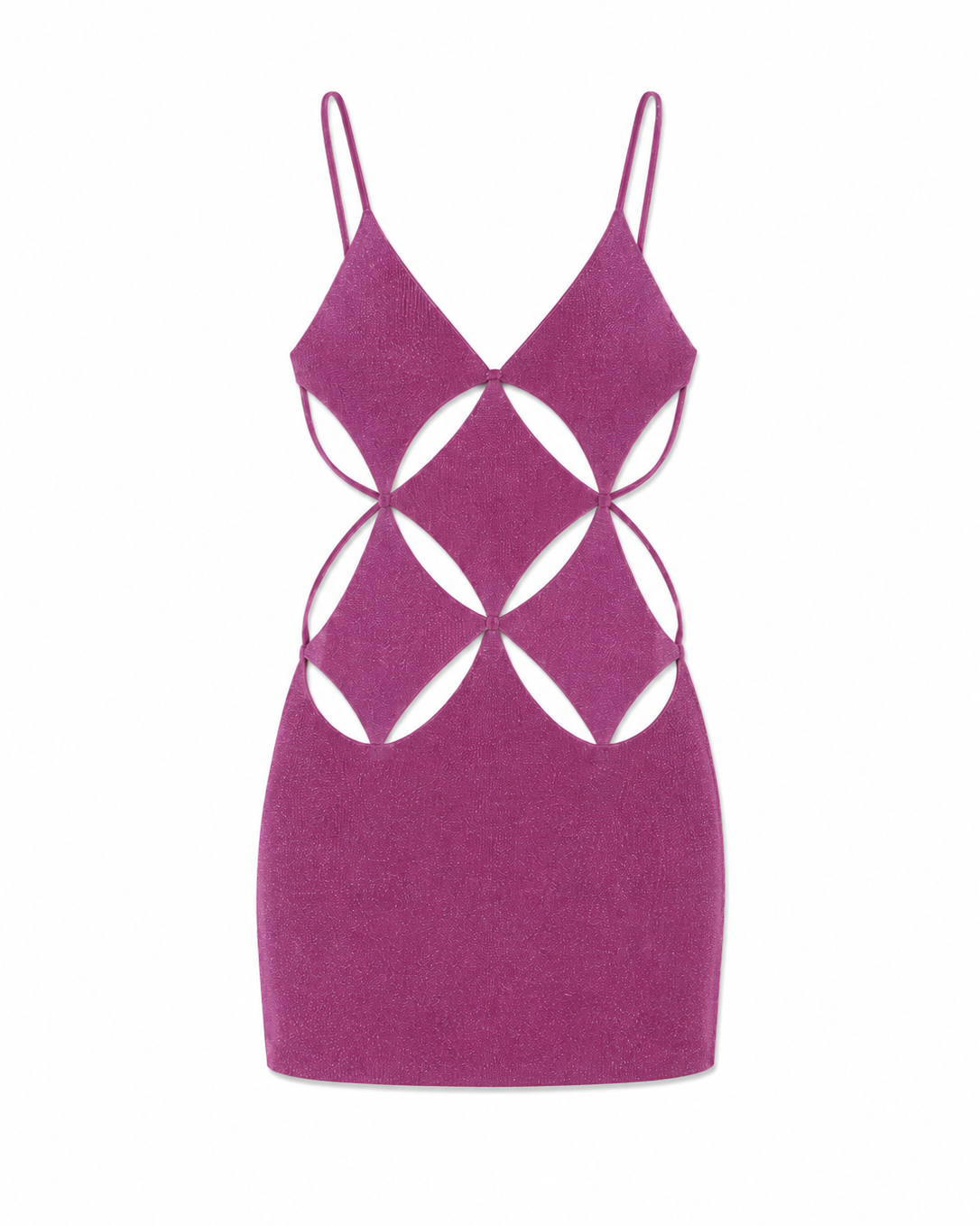 A magenta knit mini dress with thin spaghetti straps and a geometric cutout design on the front, displayed against a solid white background.