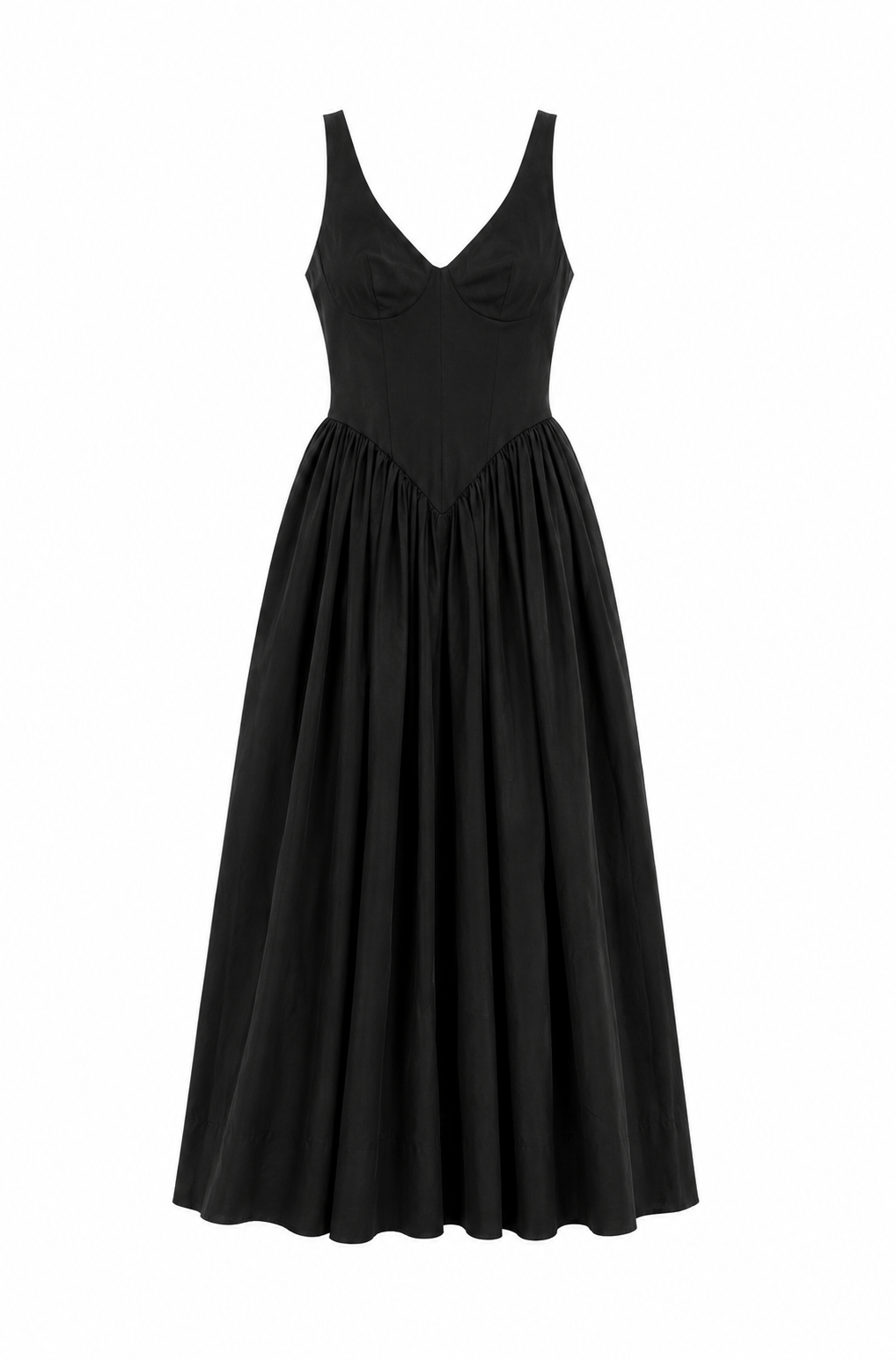 Black sleeveless V-neck maxi dress with gathered waist and full skirt
