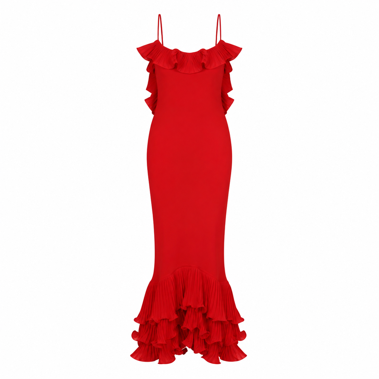 Red fitted dress with ruffled neckline and layered ruffle hem