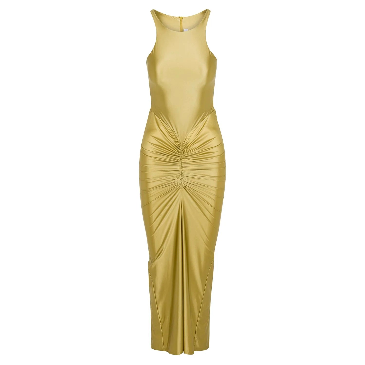 A sleeveless, bodycon midi dress in a shiny metallic gold fabric, featuring a gathered ruched design at the waist and a draped front detail, shown against a plain white background.