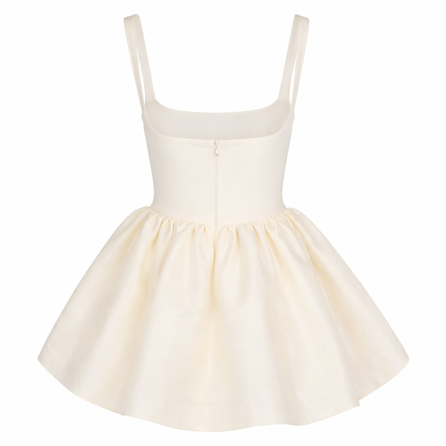 Cream short dress with spaghetti straps, square neckline, gathered tulle-like skirt