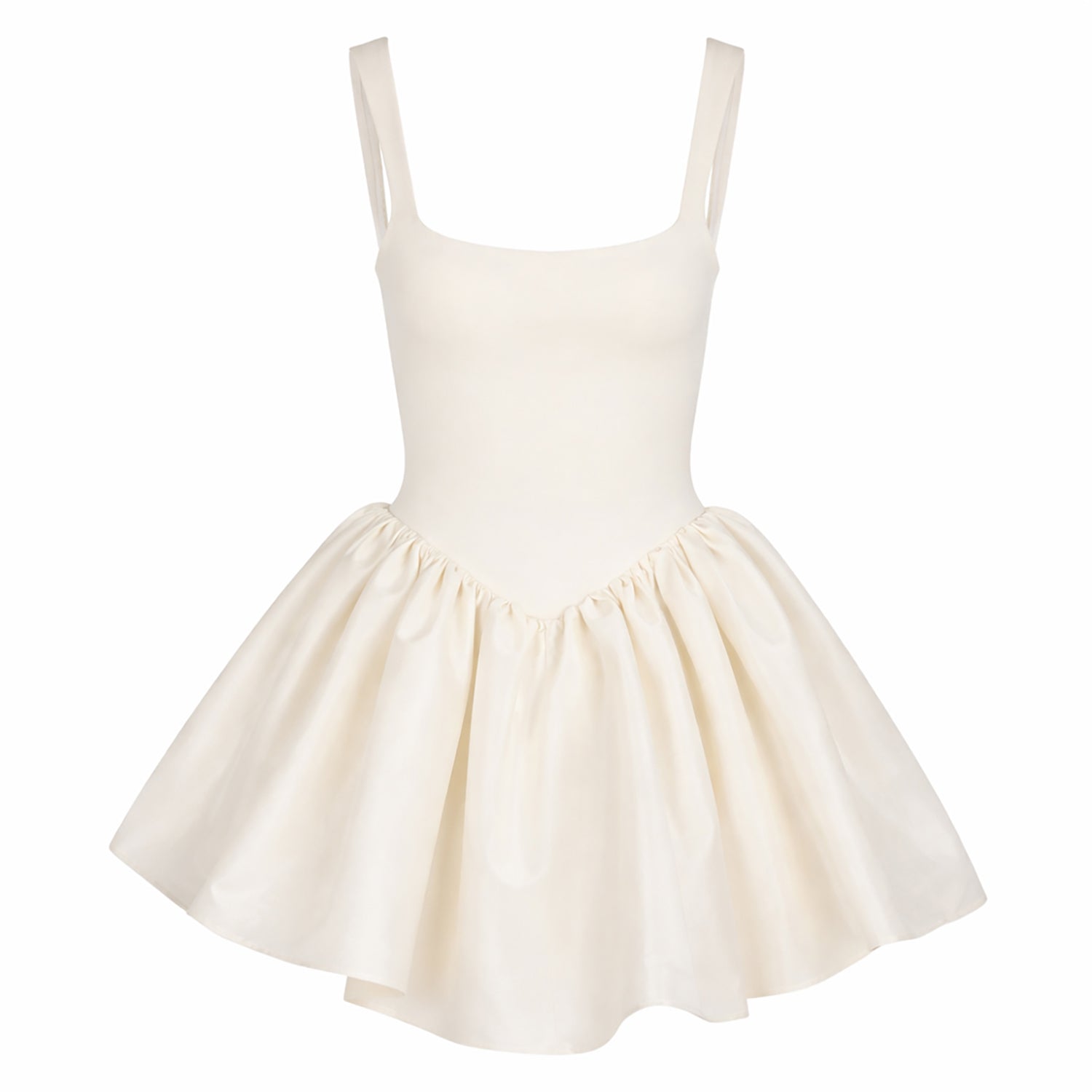 Cream short dress with spaghetti straps and pleated gathered skirt, straight waist