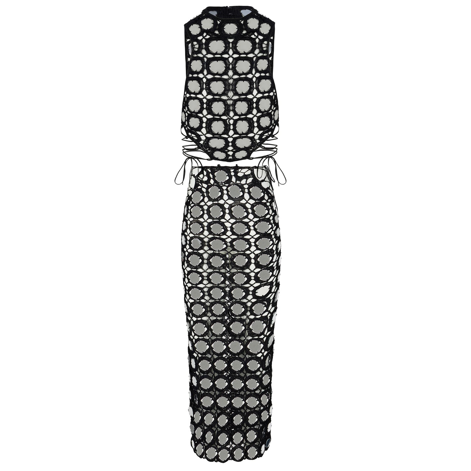 Two-piece lace set with sleeveless top and midi skirt, circular pattern, black