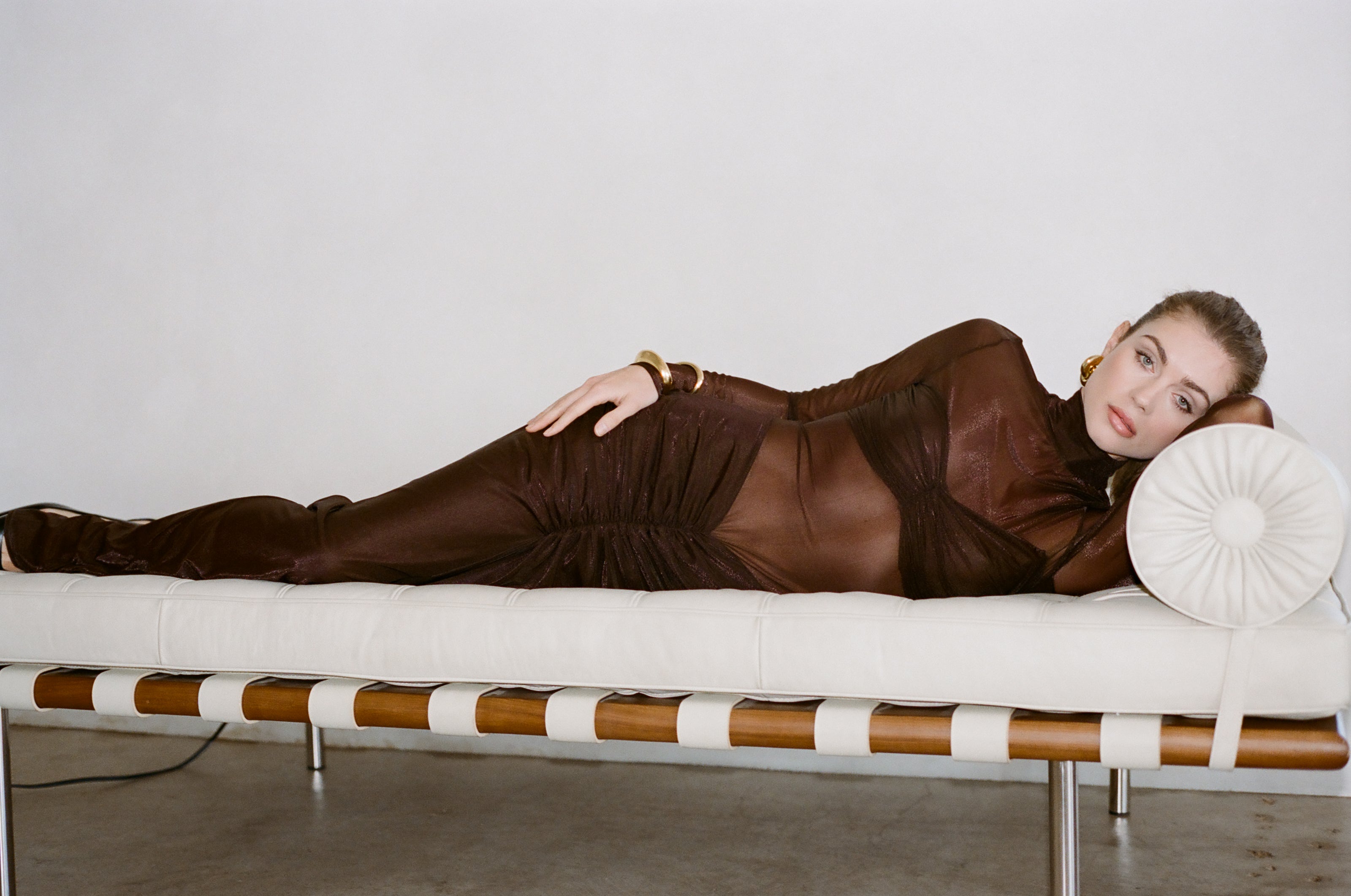 Chocolate brown ruched long-sleeve fitted dress, floor-length column style