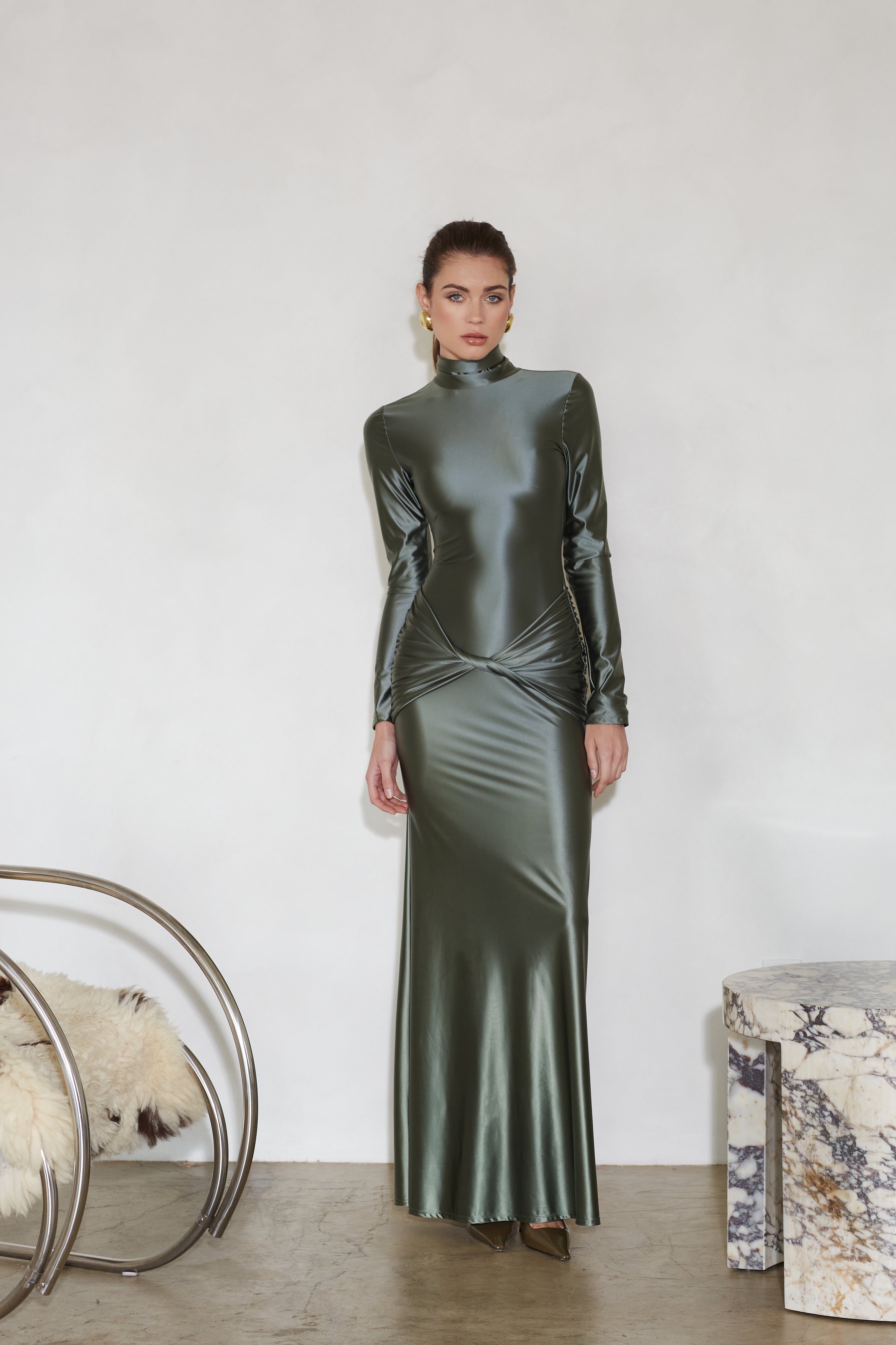 Olive green long-sleeve fitted maxi dress with high neckline