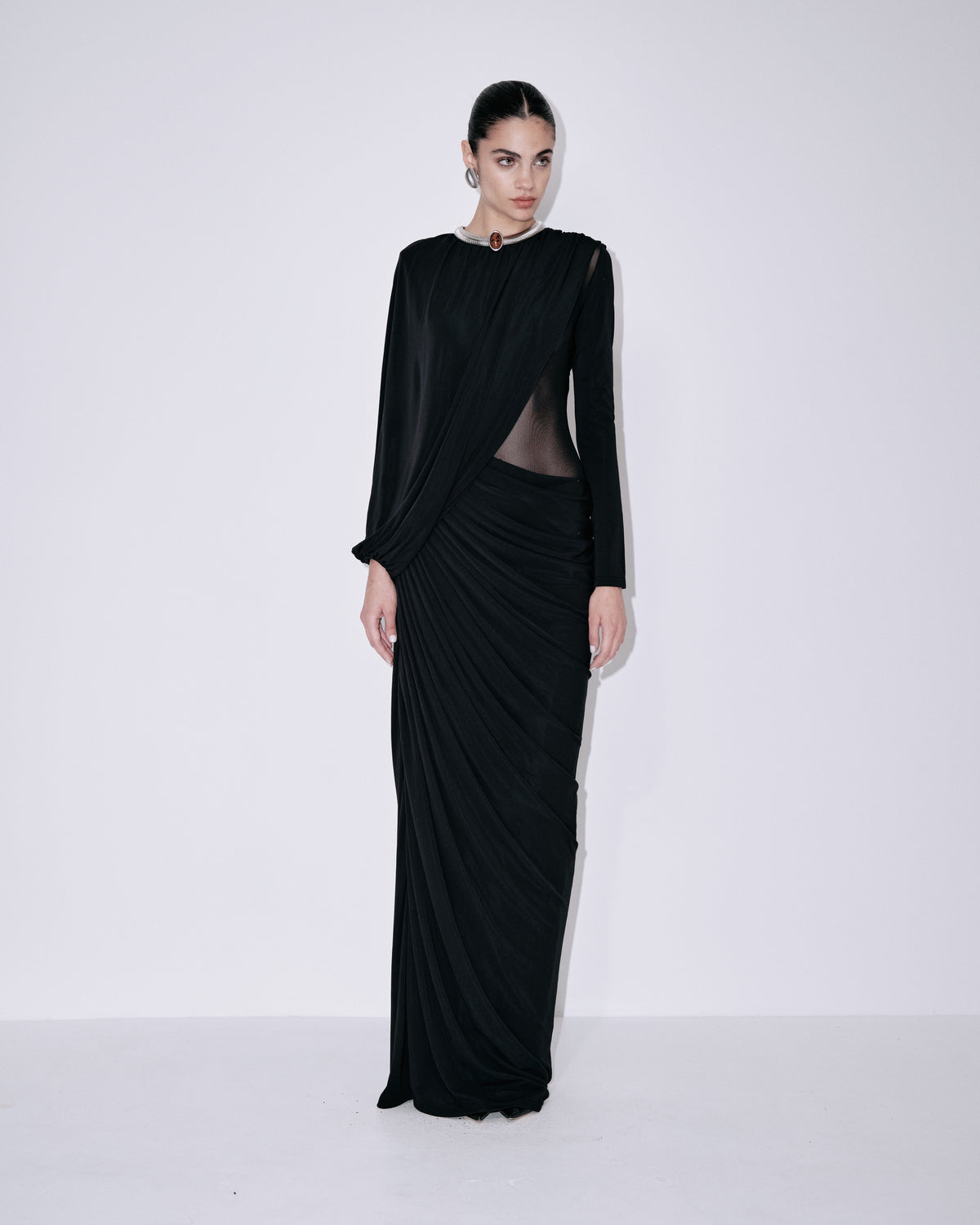 Black mesh draped maxi dress with long sleeves and side cutout