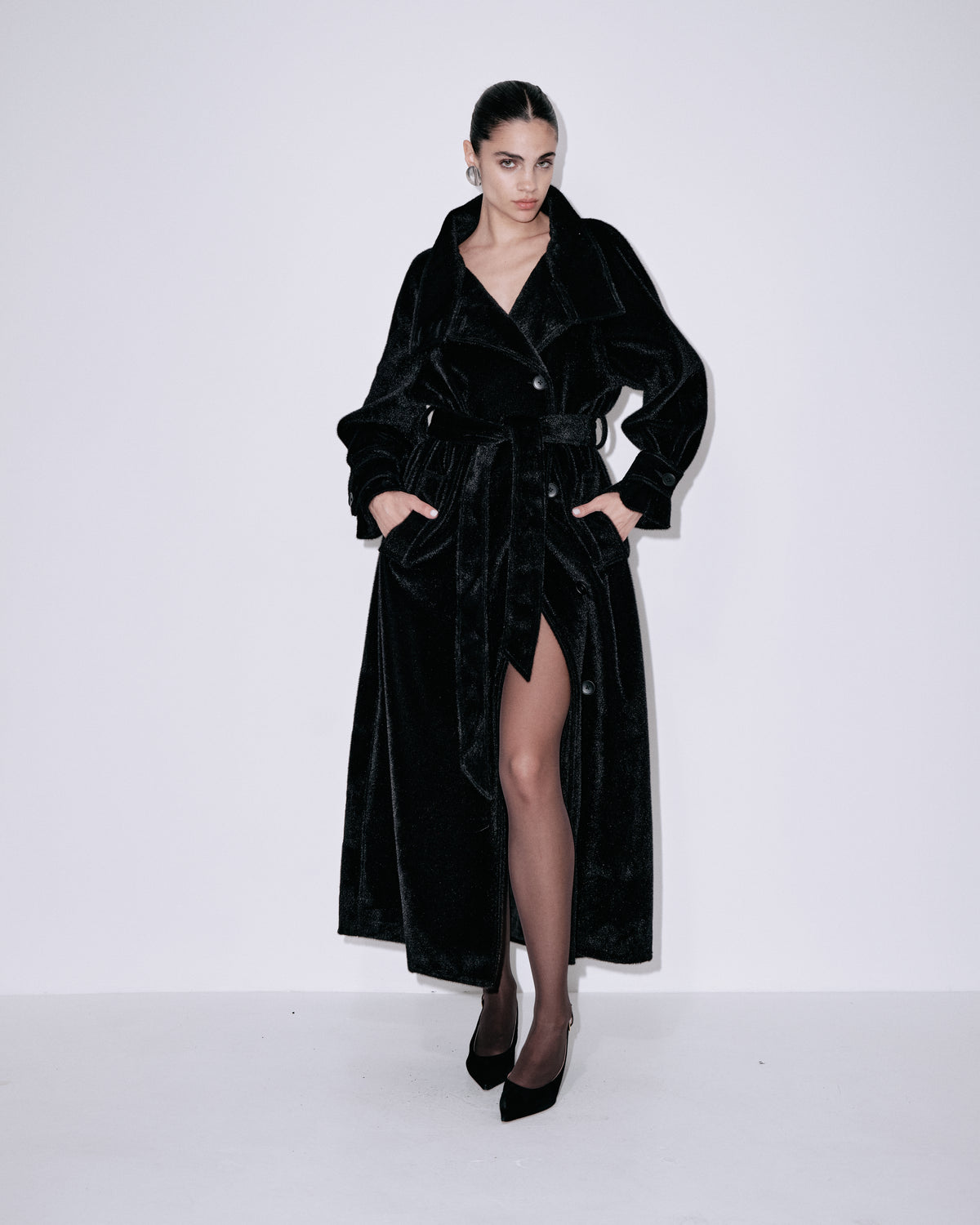 Black velvet long coat, V neckline, button front, belted waist, side slit