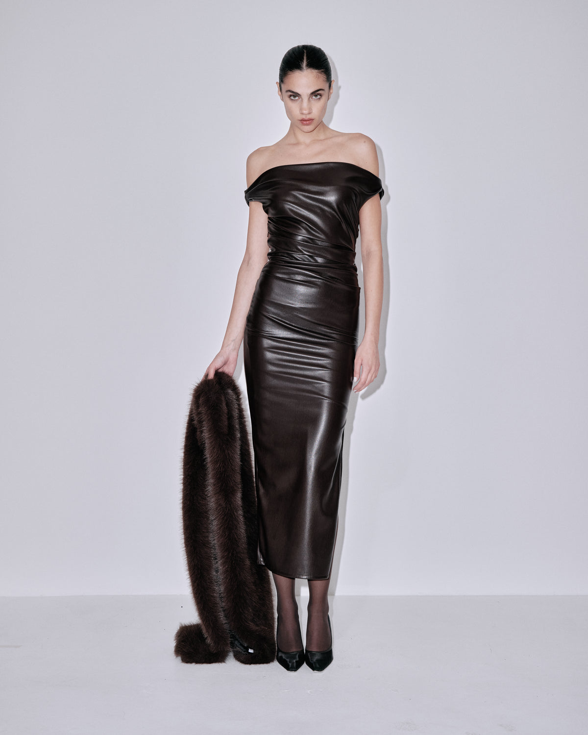 Chocolate off-shoulder ruched midi dress with fitted sheath silhouette