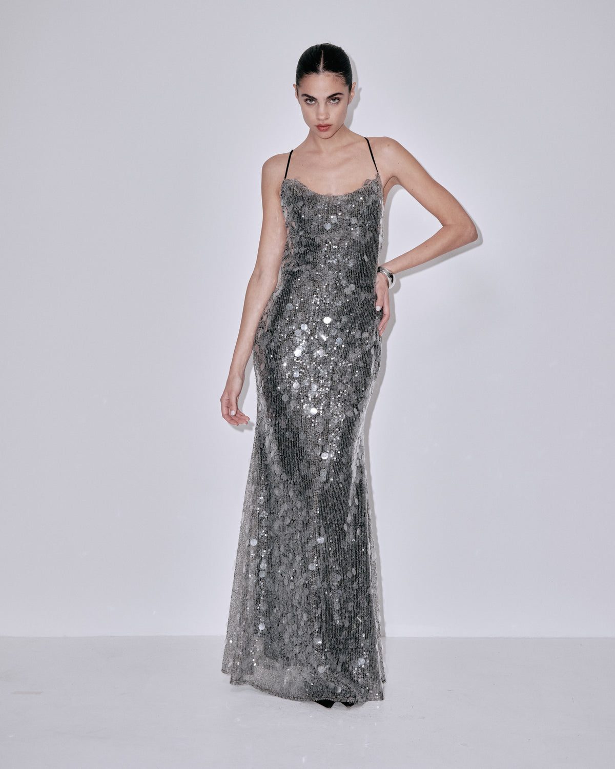 Silver sequin maxi dress with spaghetti straps, square neckline, fitted column