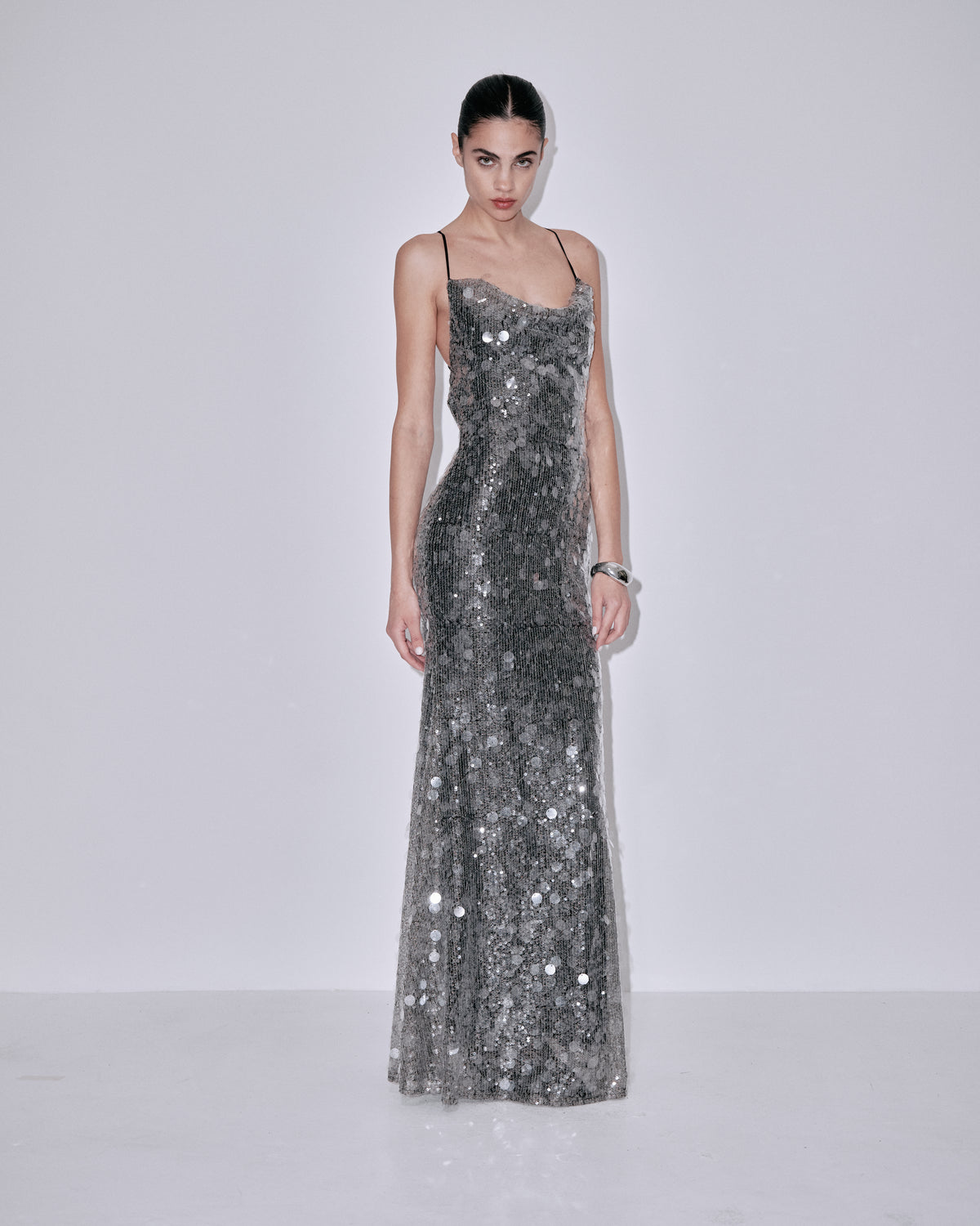 Silver sequin evening dress with spaghetti straps and square neckline, sleeveless column