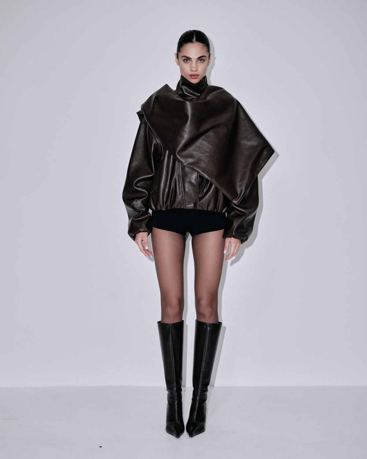 Chocolate satin bomber jacket with high scarf collar and dropped shoulders
