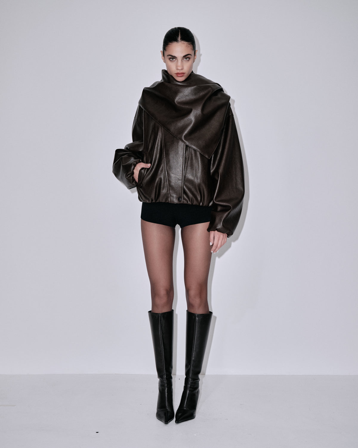 Chocolate cropped bomber with wrapped scarf collar and long sleeves