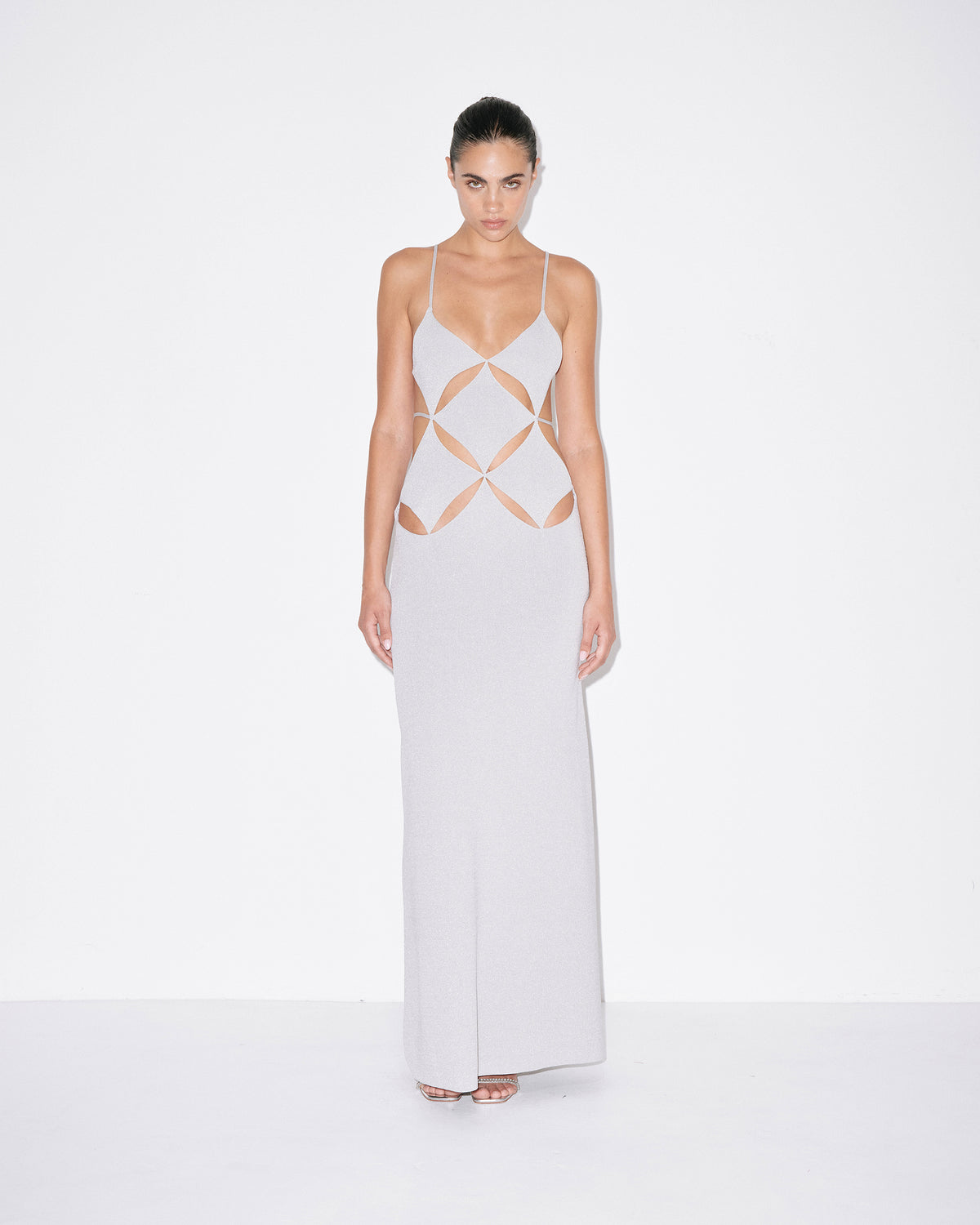 Silver maxi dress with spaghetti straps and geometric cutout bodice