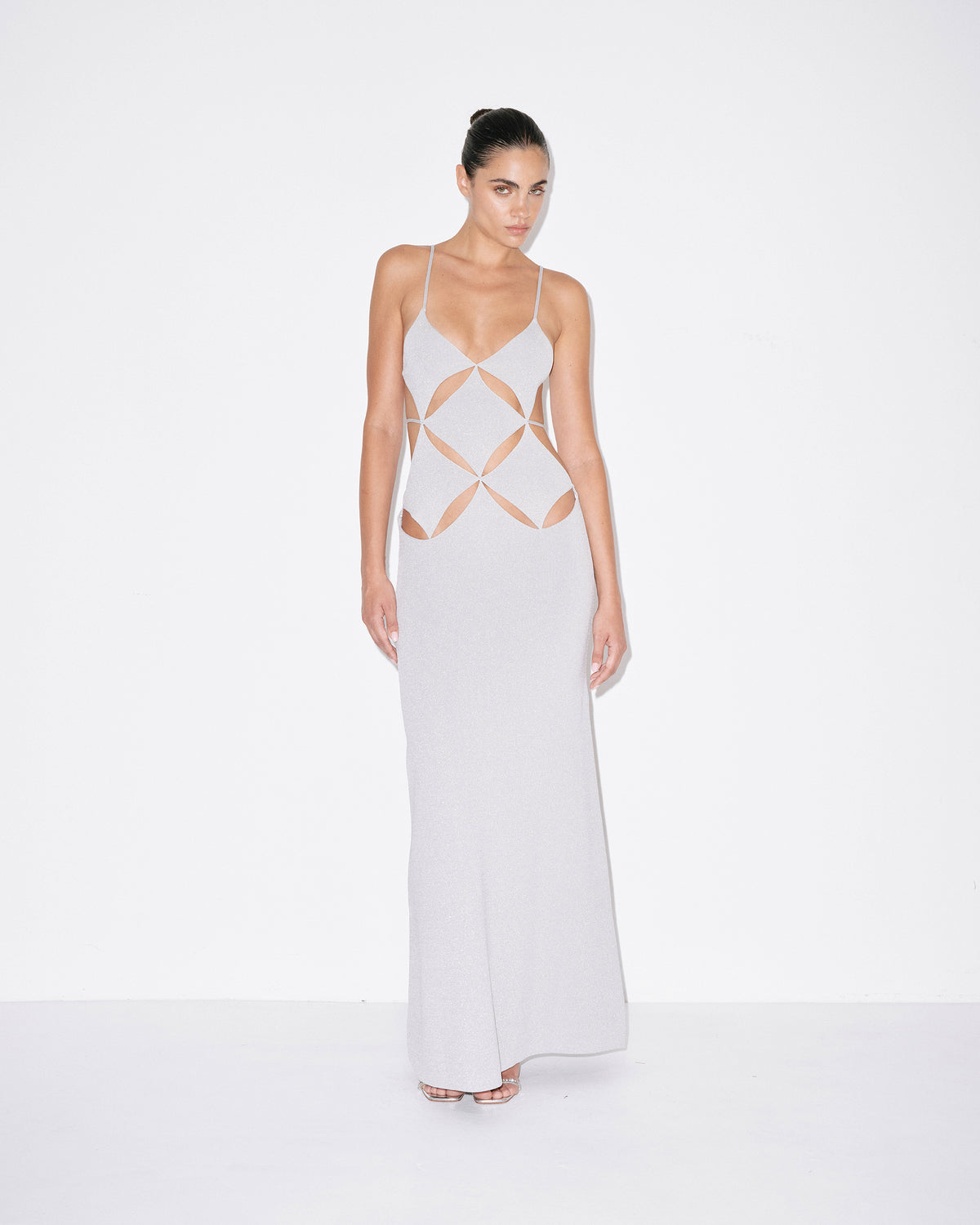 Silver column maxi dress with geometric bust paneling and thin spaghetti straps