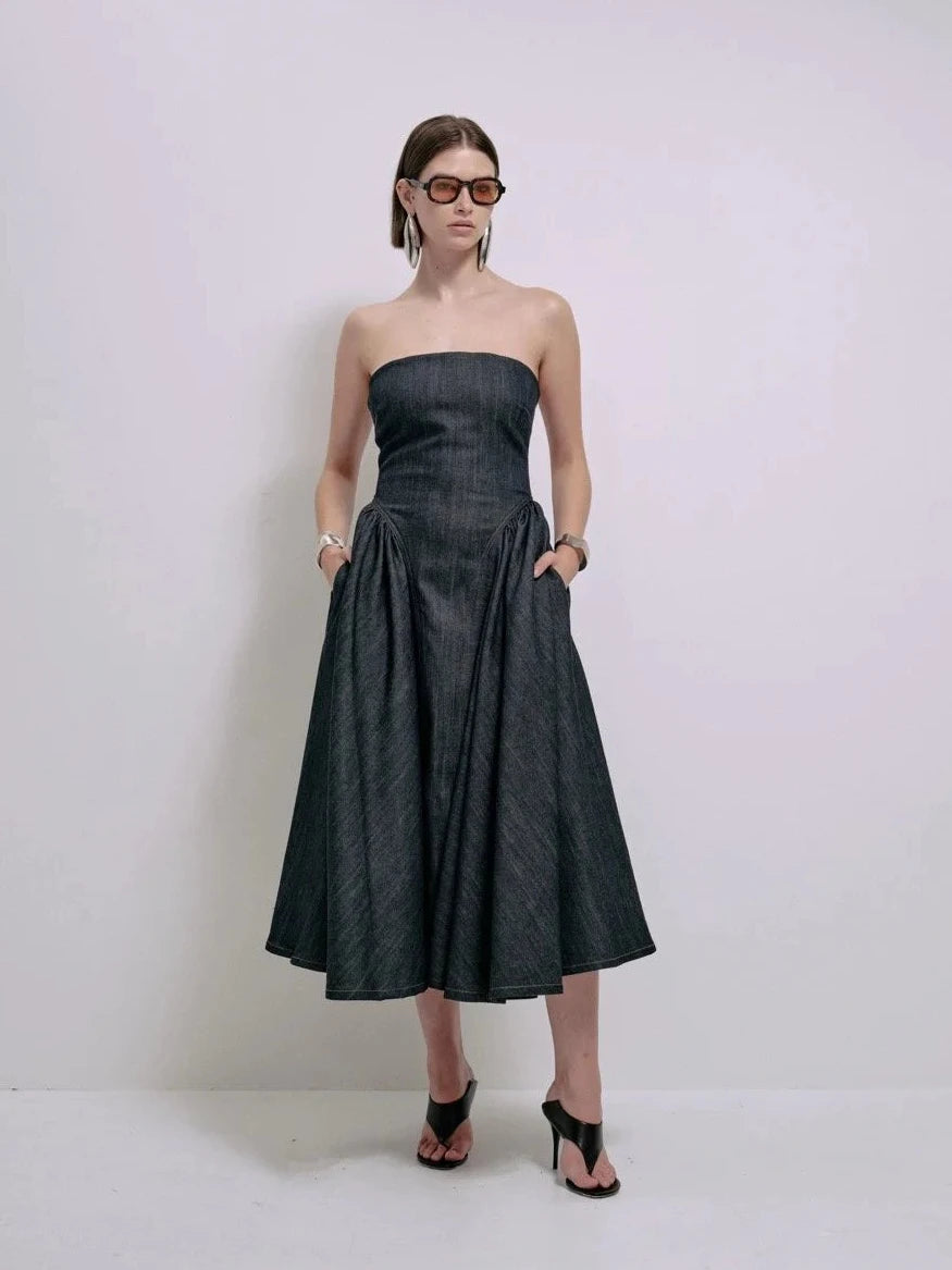 Imani Dress in Denim – view 4 | Delfi Collective