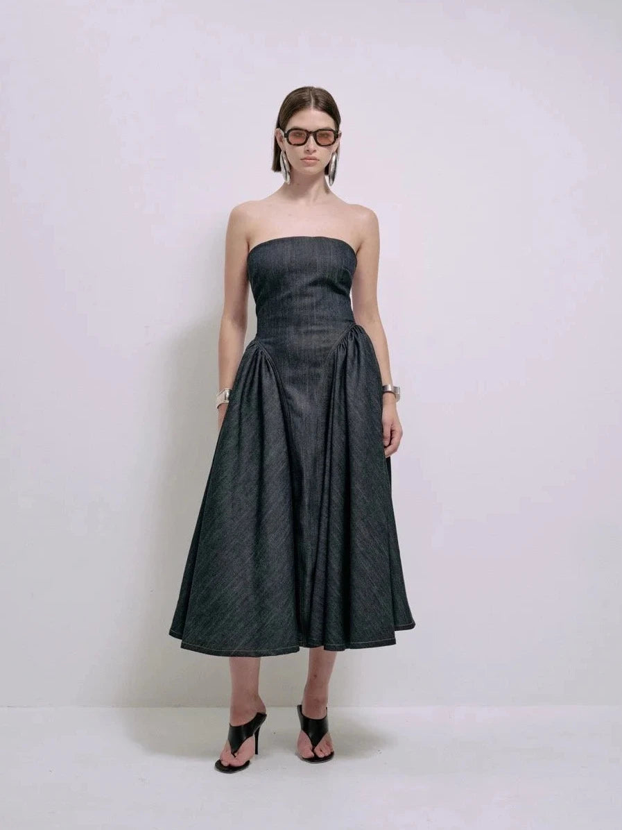 Imani Dress in Denim – view 3 | Delfi Collective