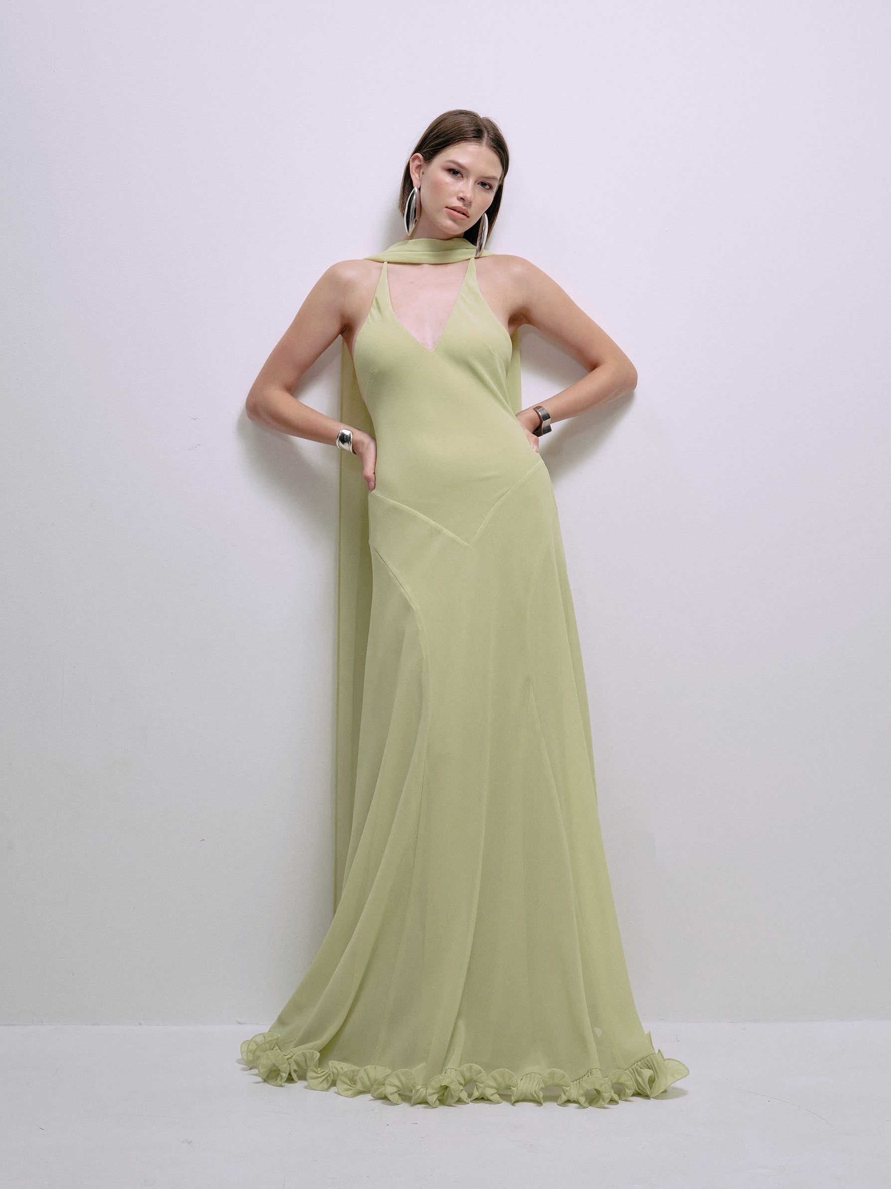 Lime halter maxi dress with draped bodice and ruffled hem