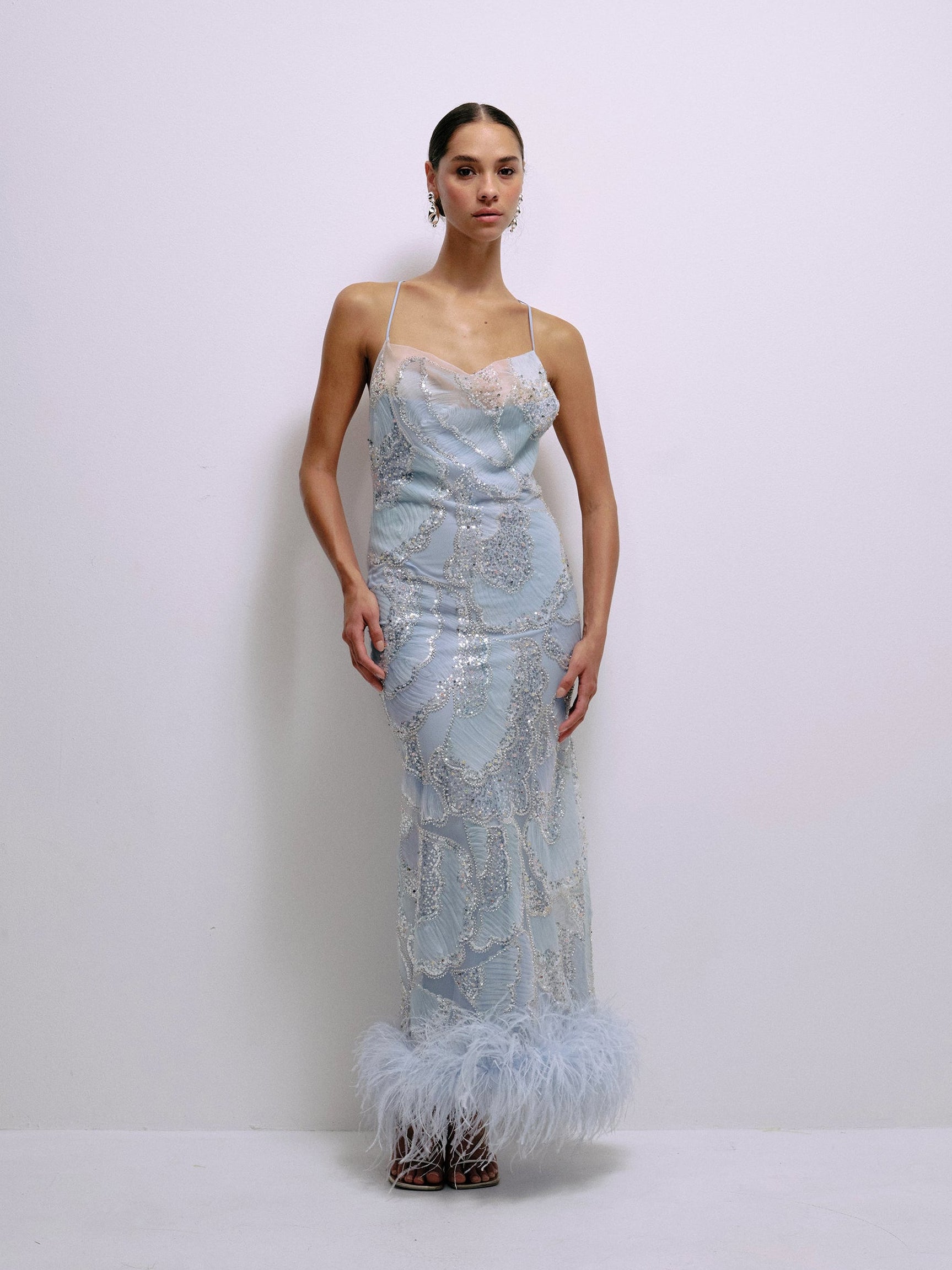 Baby blue sequin spaghetti-strap dress with feather hem