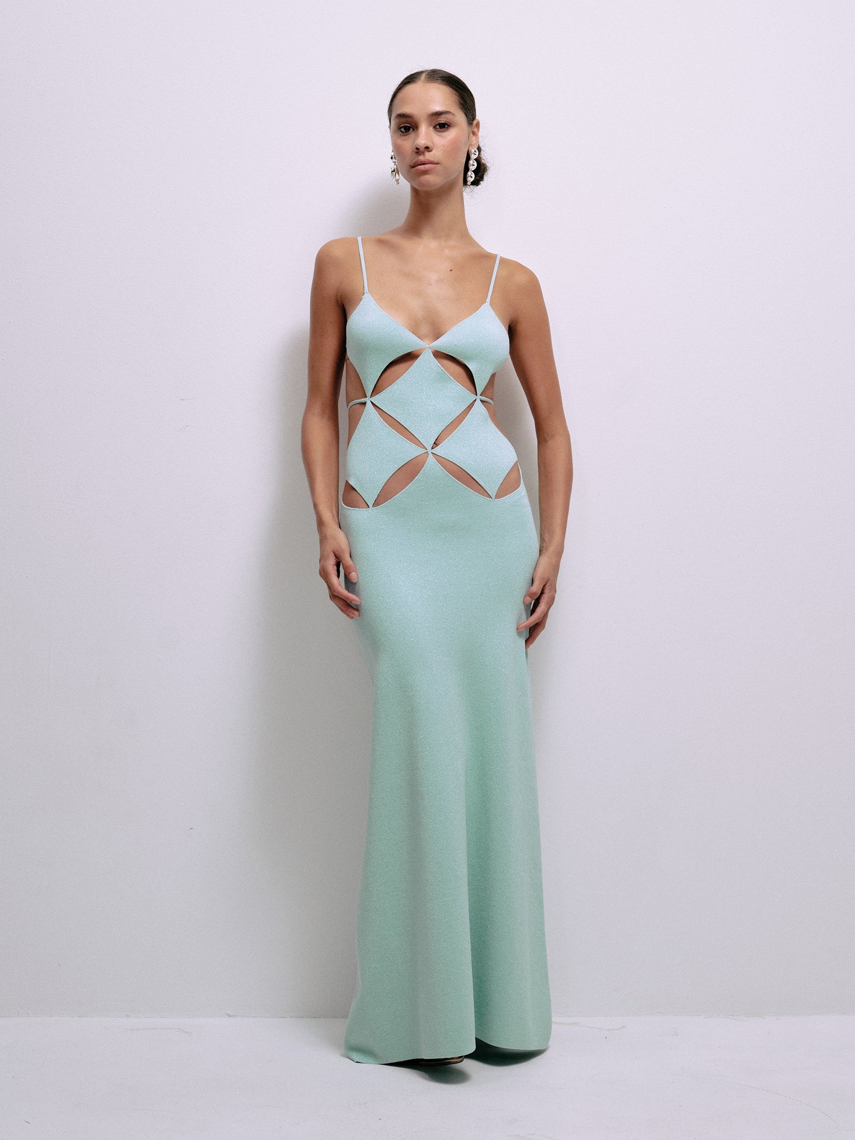 Mint maxi dress with spaghetti straps, geometric cutout bodice, slim fit