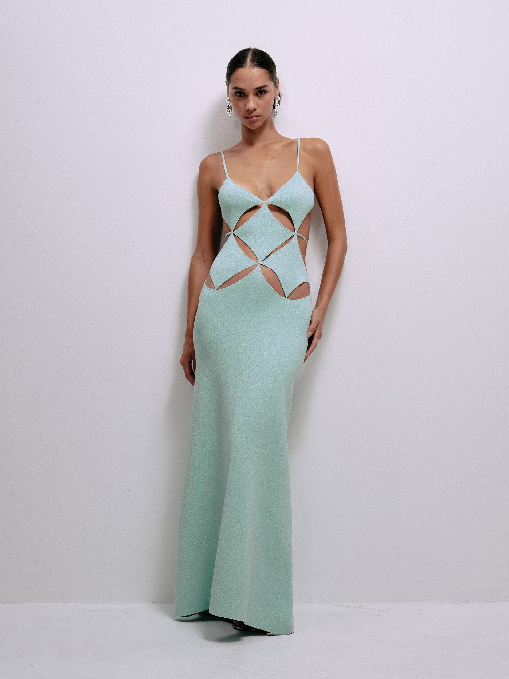 Mint floor-length slip dress, spaghetti straps, geometric cutout detail at bust