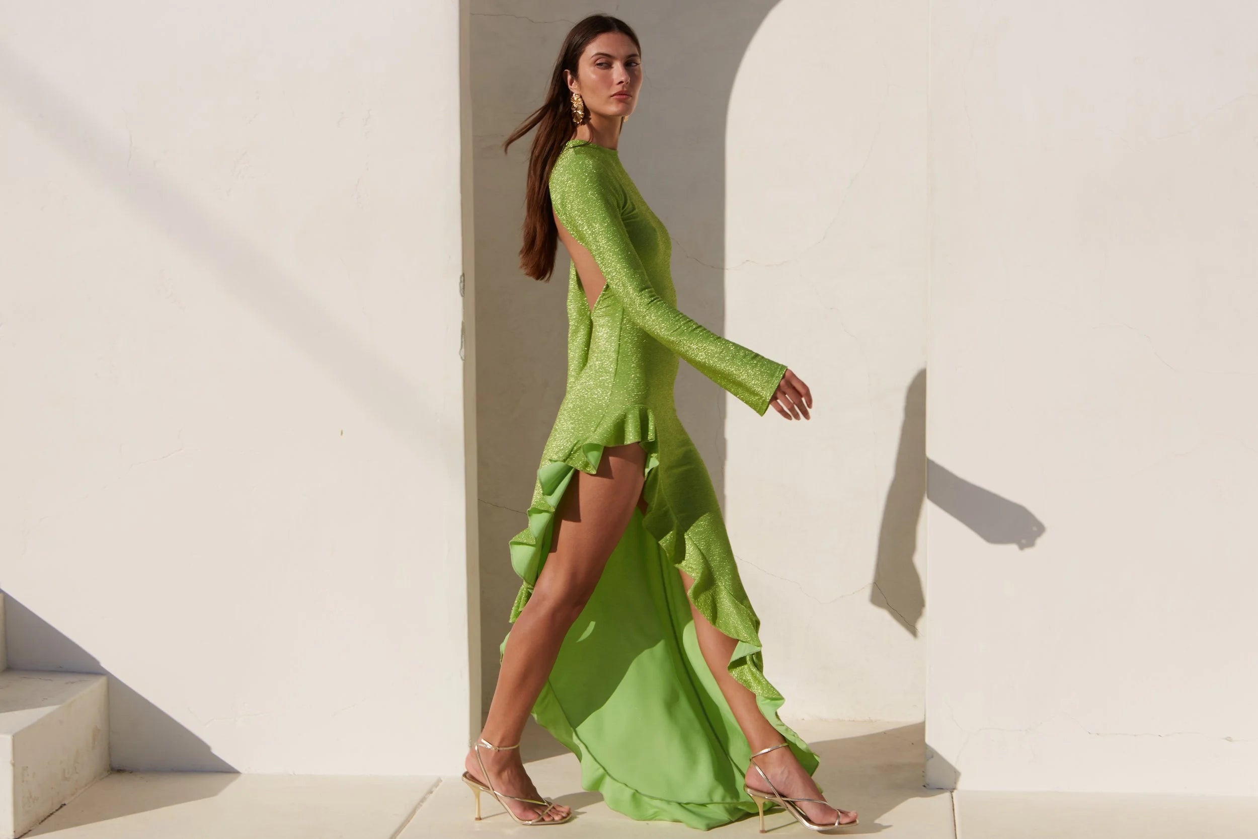 Rosalia Dress in Metallic Green – view 4 | Delfi Collective
