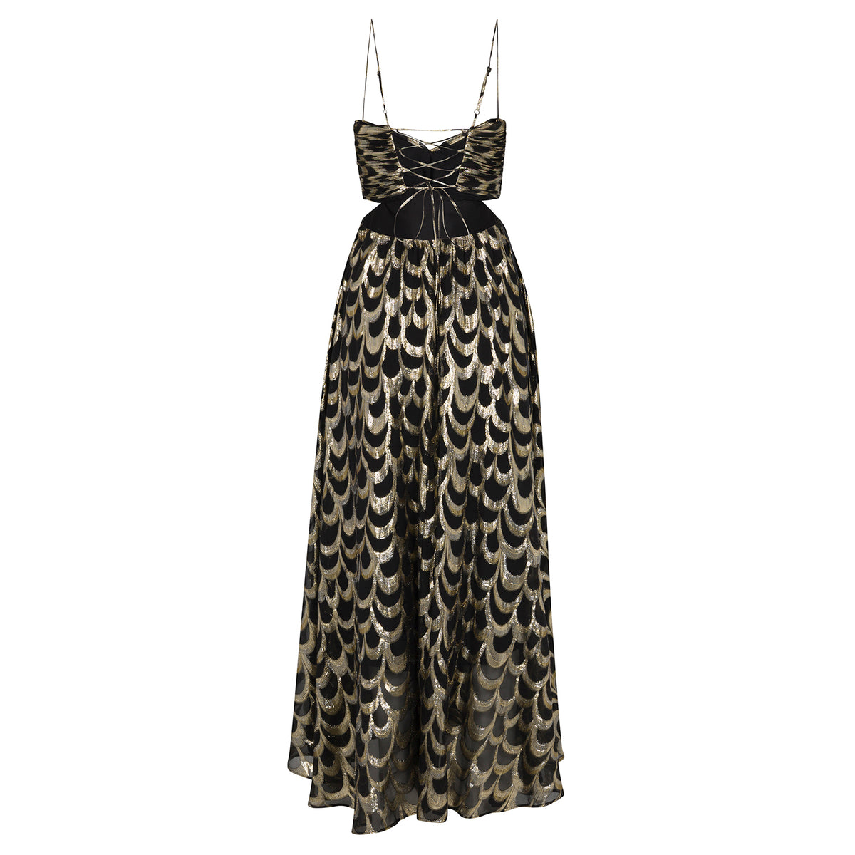 Black slip dress with spaghetti straps, ruched bodice, gold scallop pattern maxi skirt