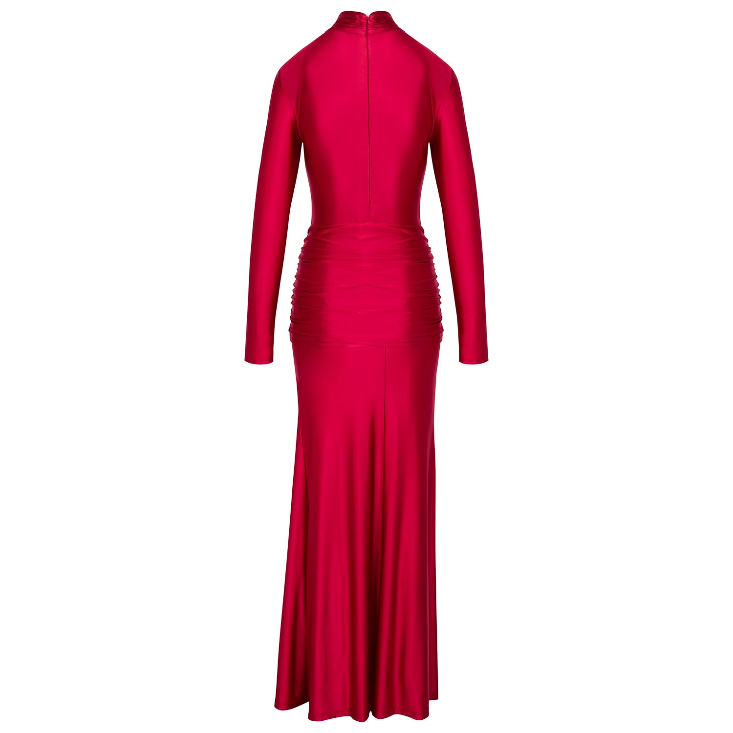 Red long-sleeve fitted maxi dress with ruched waist and high neckline