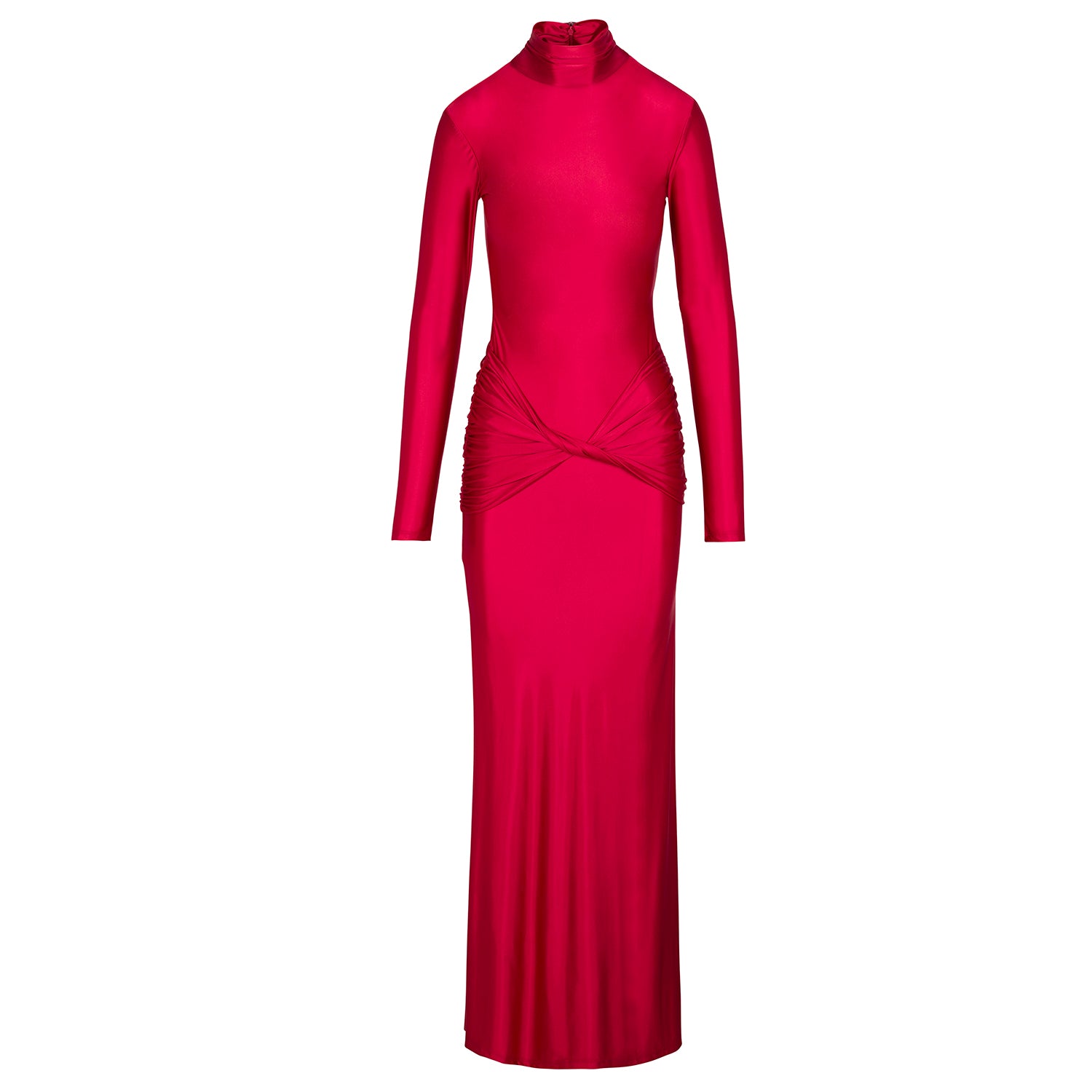 Red long-sleeve fitted maxi dress with draped front and high neck
