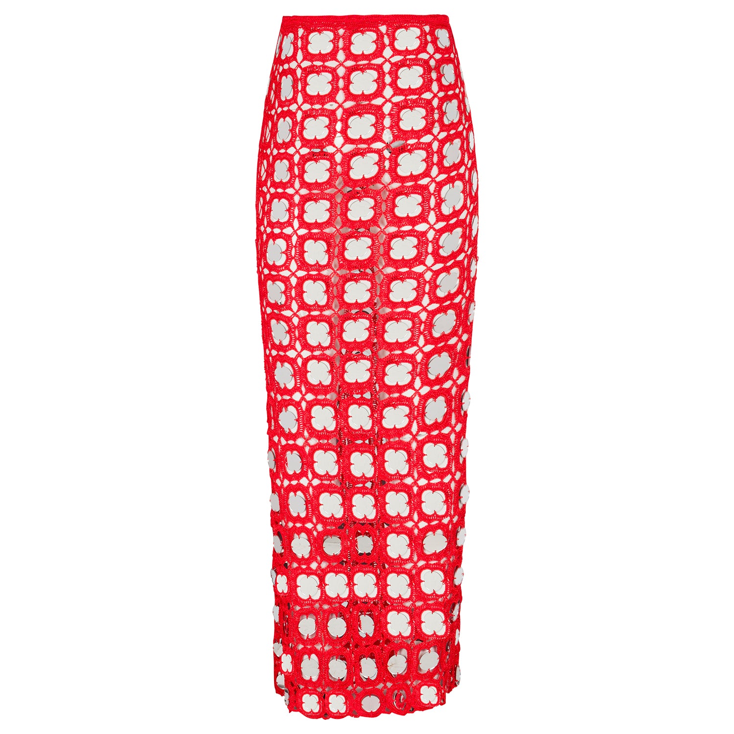 Red flare skirt with repeating white circle pattern, side view