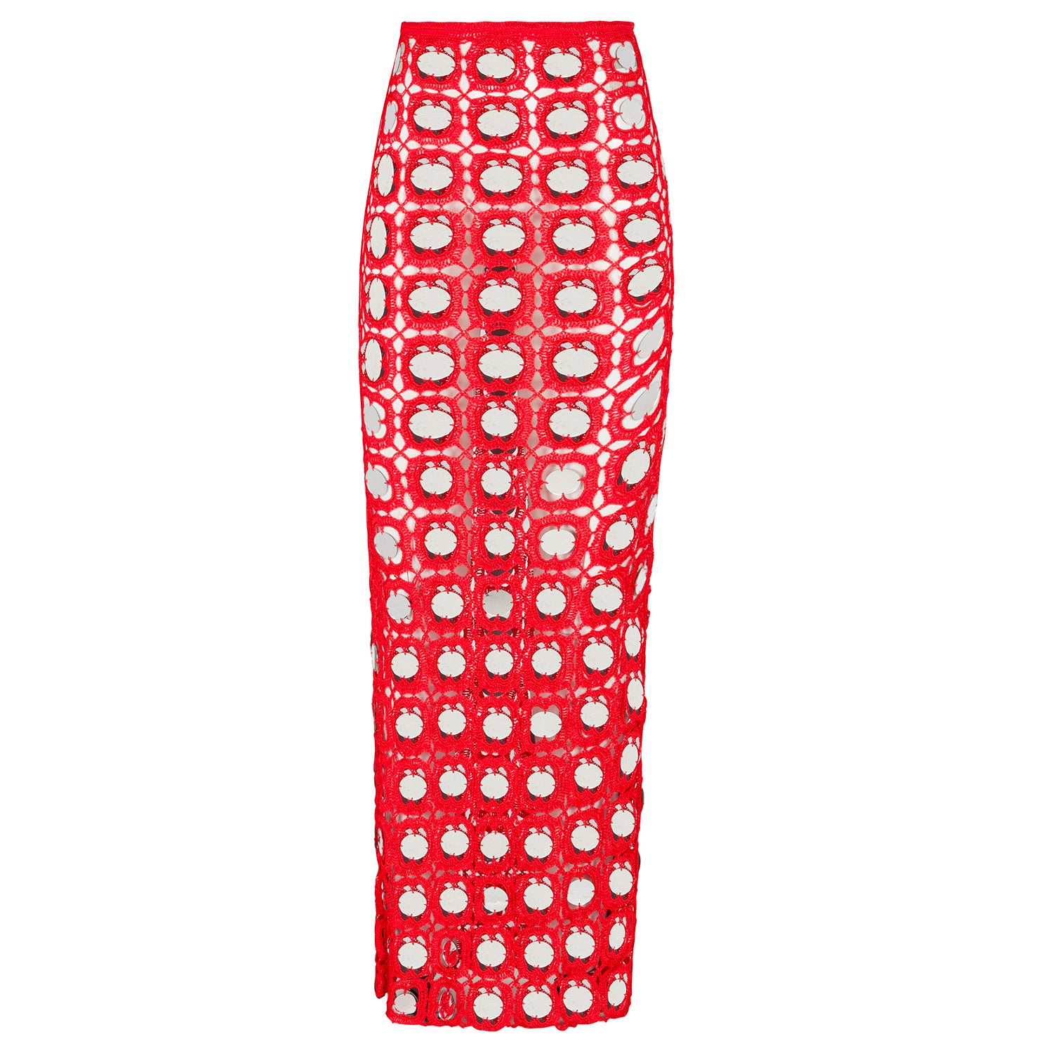 Red flare skirt with repeating white circle pattern