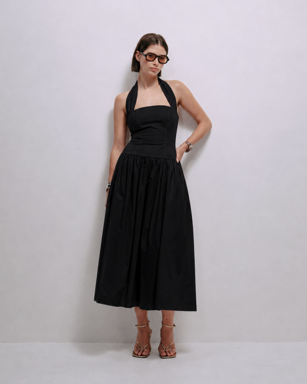 Black halter-neck midi dress with square neckline and gathered skirt