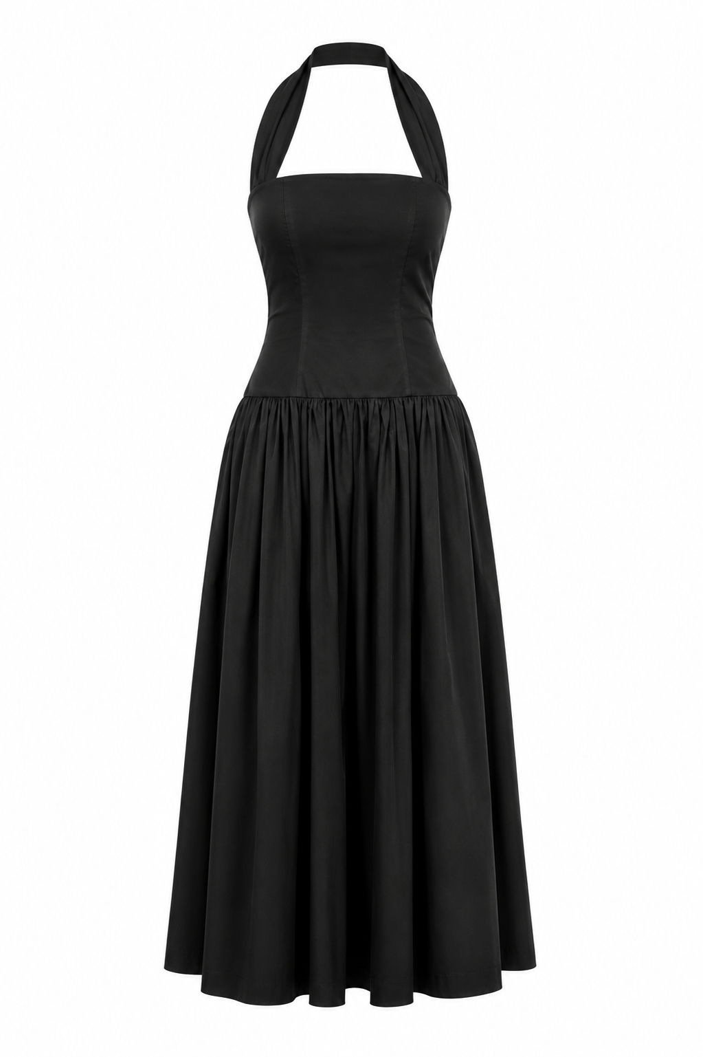 Black halter-neck midi dress with full gathered skirt