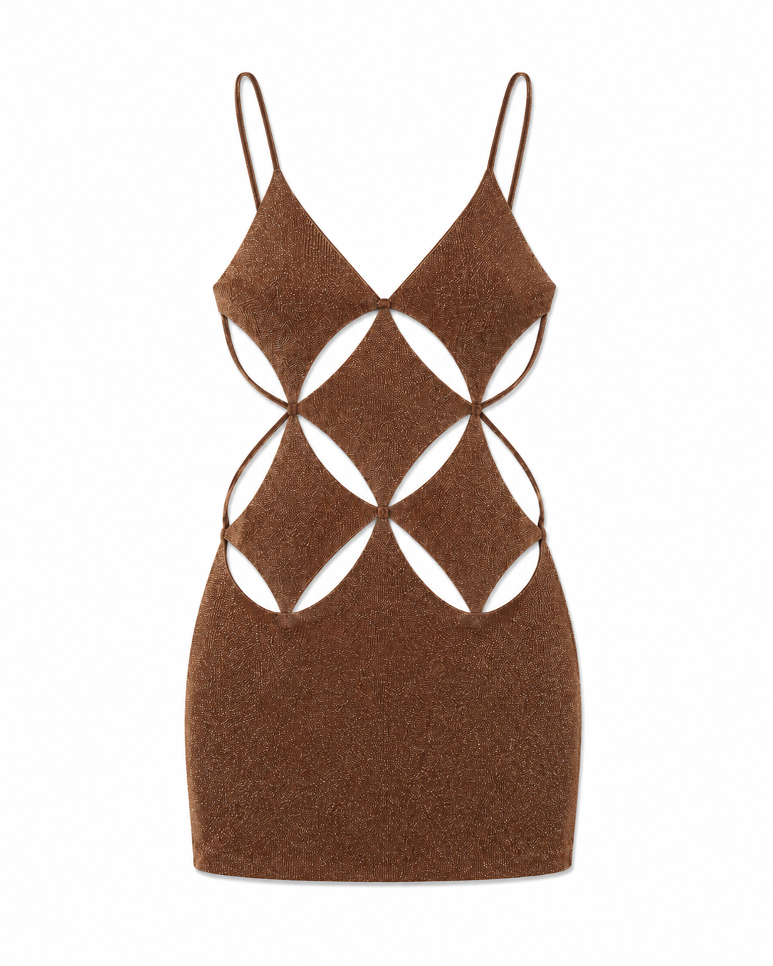 A brown knit camisole dress with thin straps and a geometric cutout pattern on the torso, shown against a plain white background.