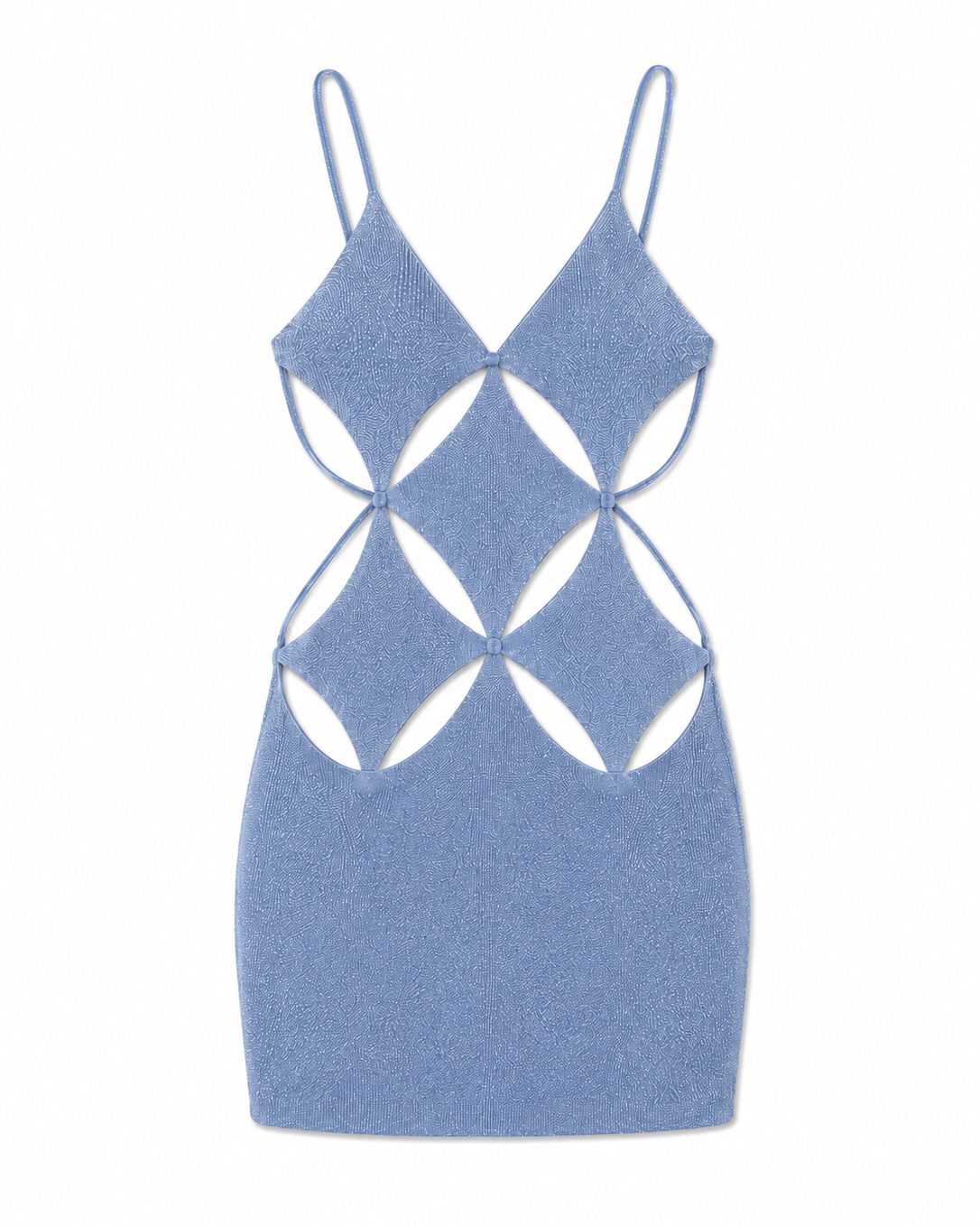 A light blue knit camisole dress with thin straps and a geometric cutout pattern on the front, displayed against a plain white background.