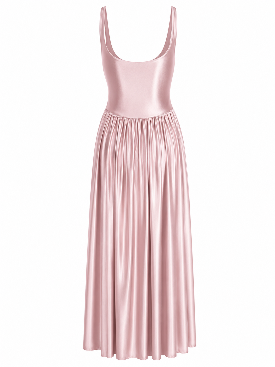 Pink sleeveless dress with scoop neckline, thin straps, gathered waist, flowing pleated skirt