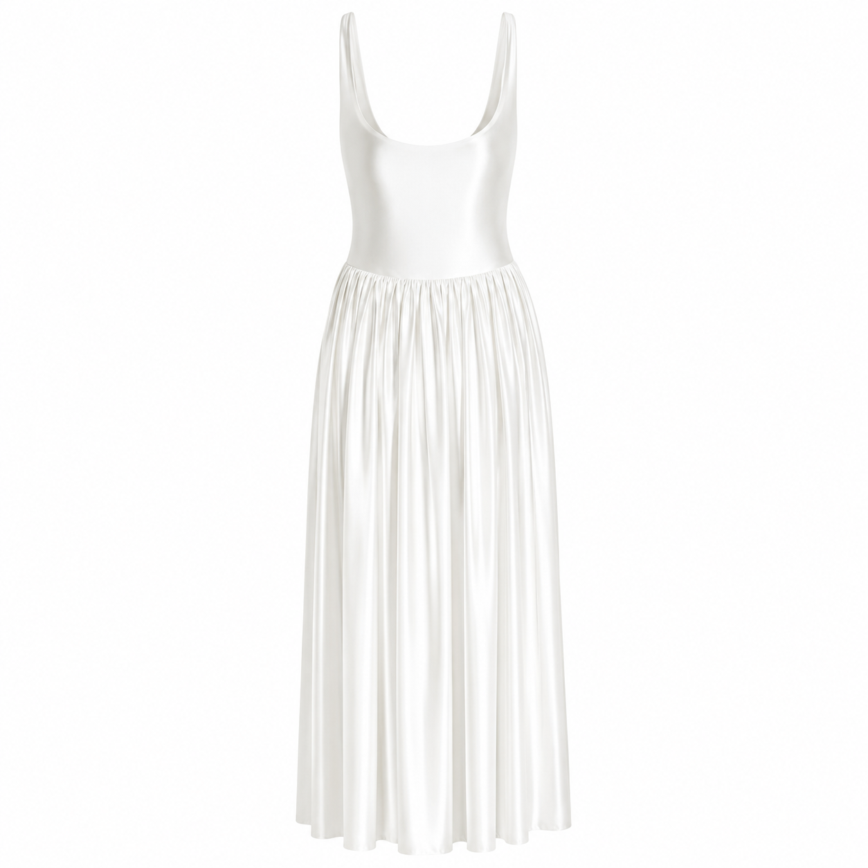 Ivory sleeveless scoop-neck dress with gathered waist and pleated A-line skirt