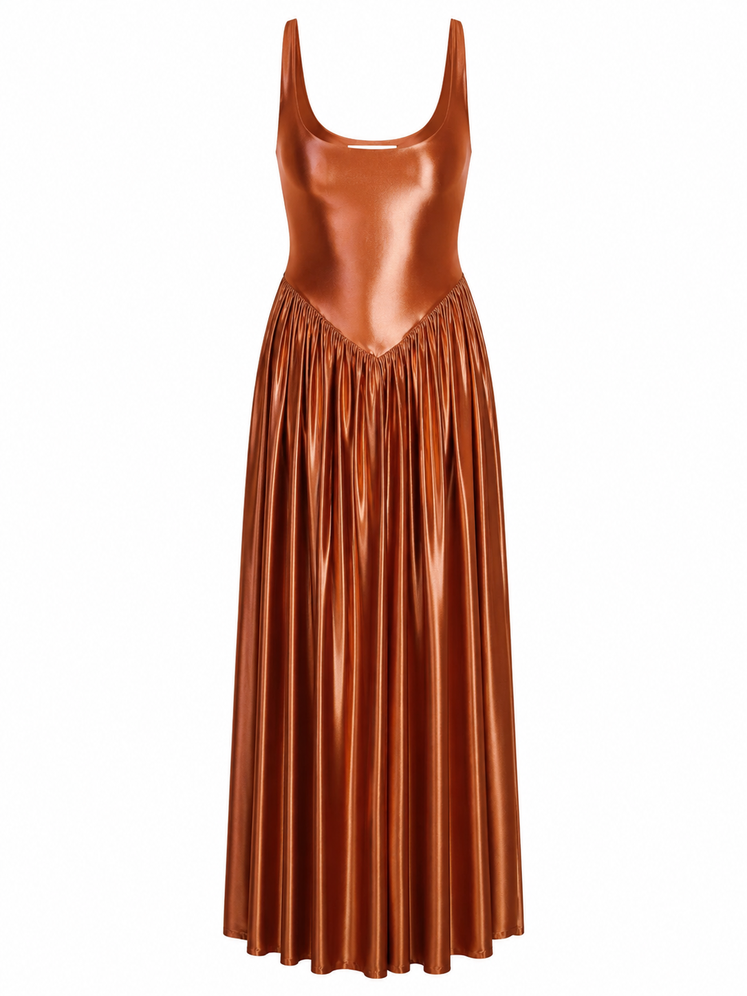 Copper sleeveless dress with scoop neck fitted bodice and pleated skirt