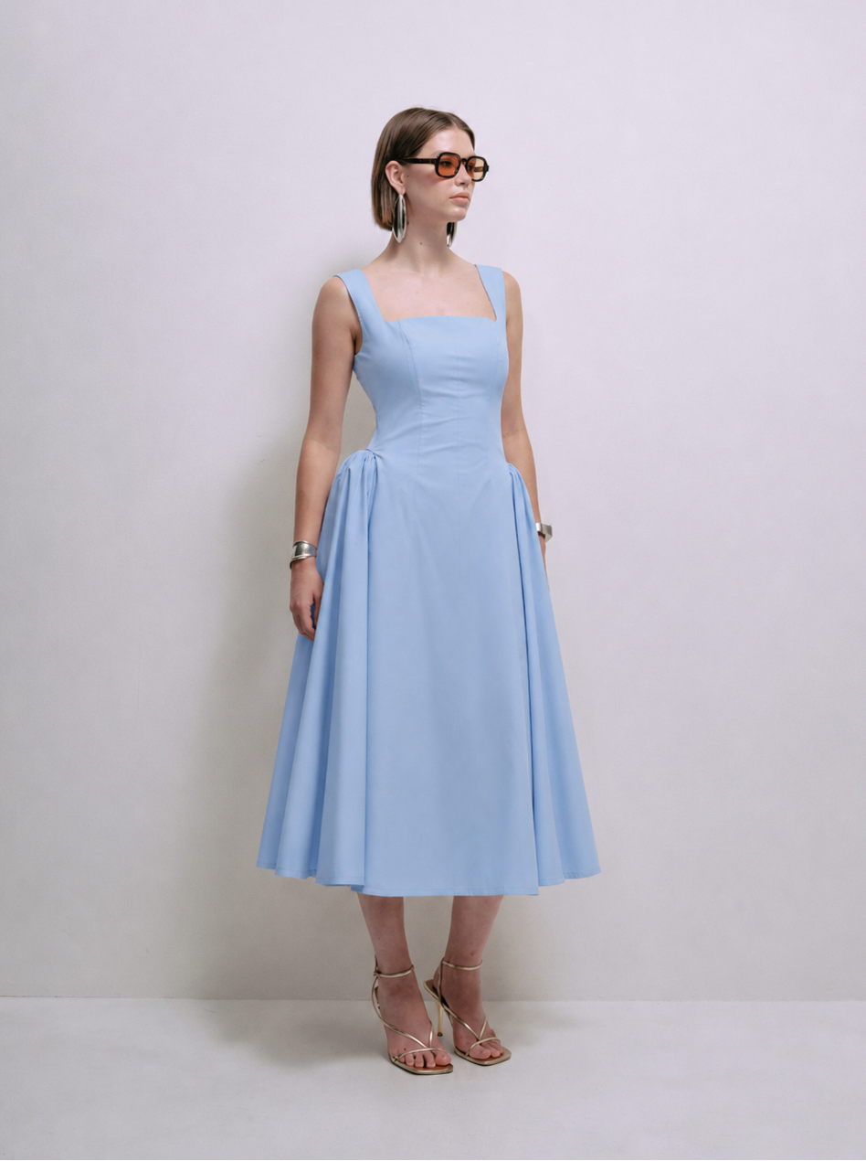 Baby blue sleeveless midi dress with square neckline and gathered skirt