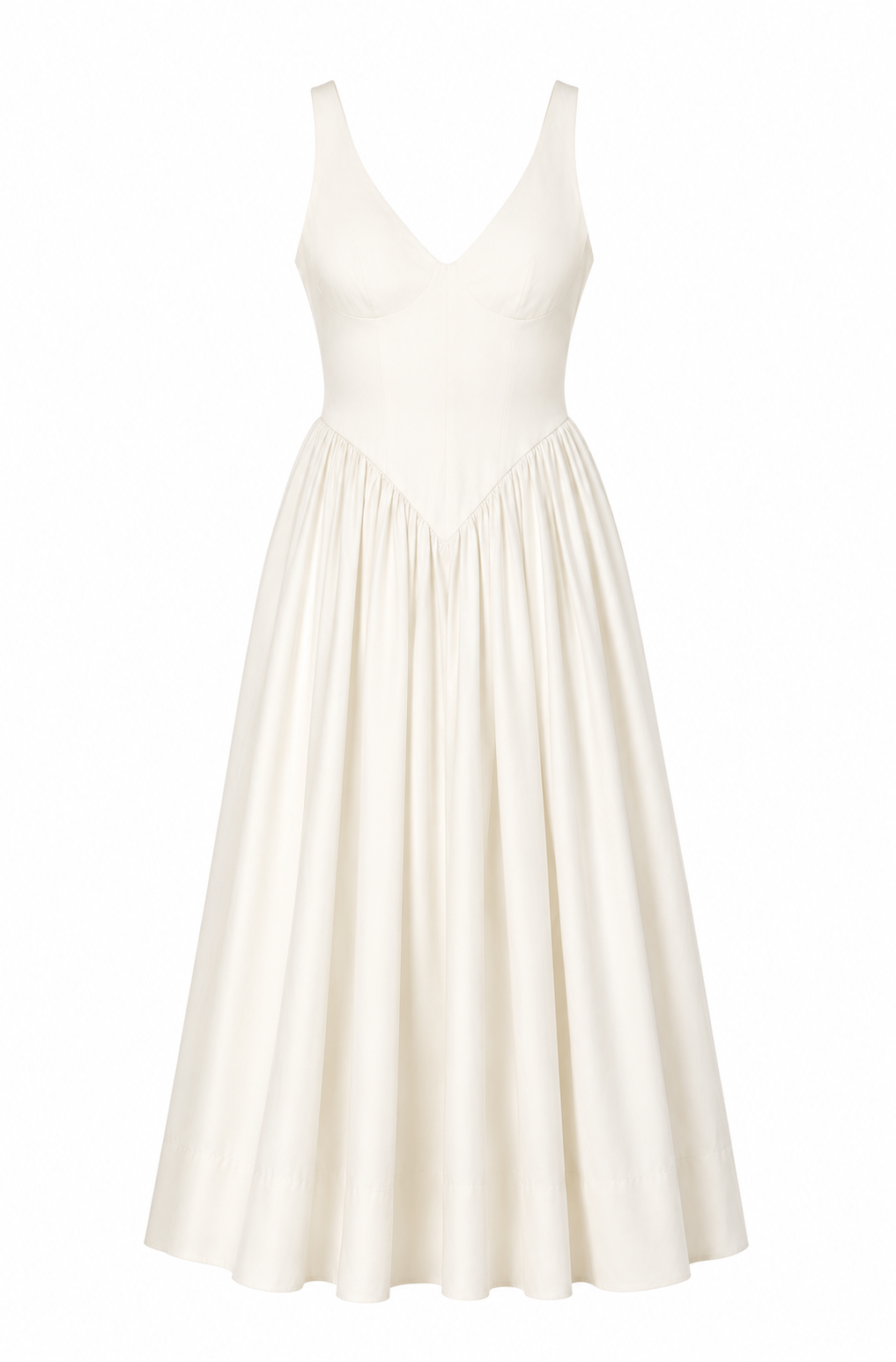 Cream sleeveless V-neck dress, gathered waist and pleated skirt