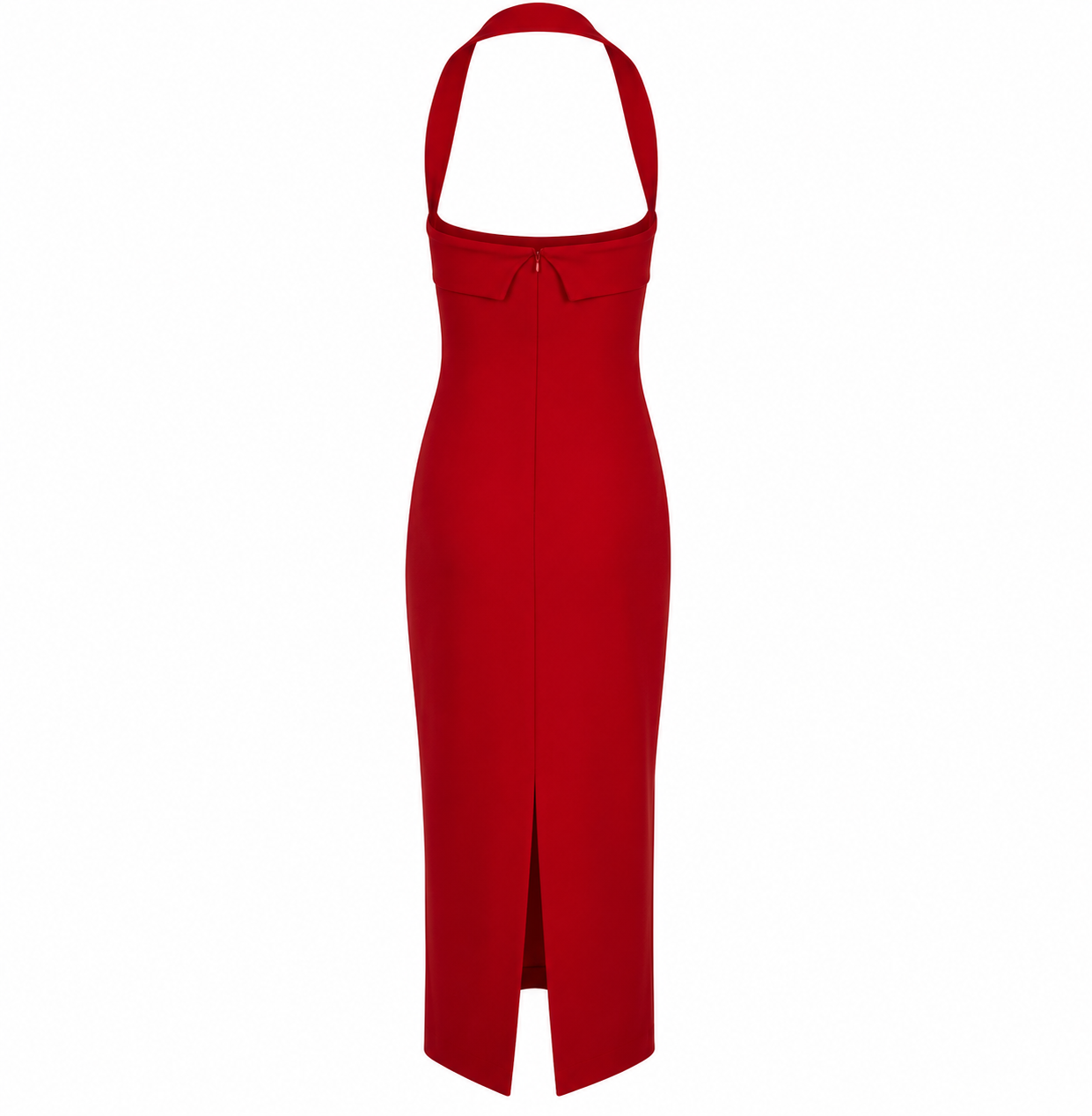 Red halter midi dress with square neckline and front slit