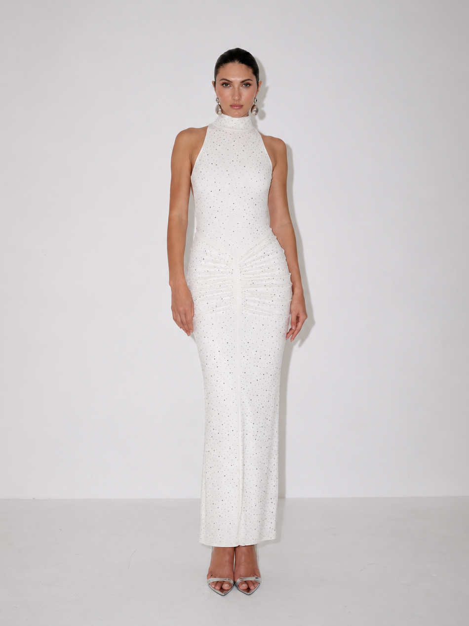 Ivory sleeveless halter-neck midi dress with all-over sparkle detail