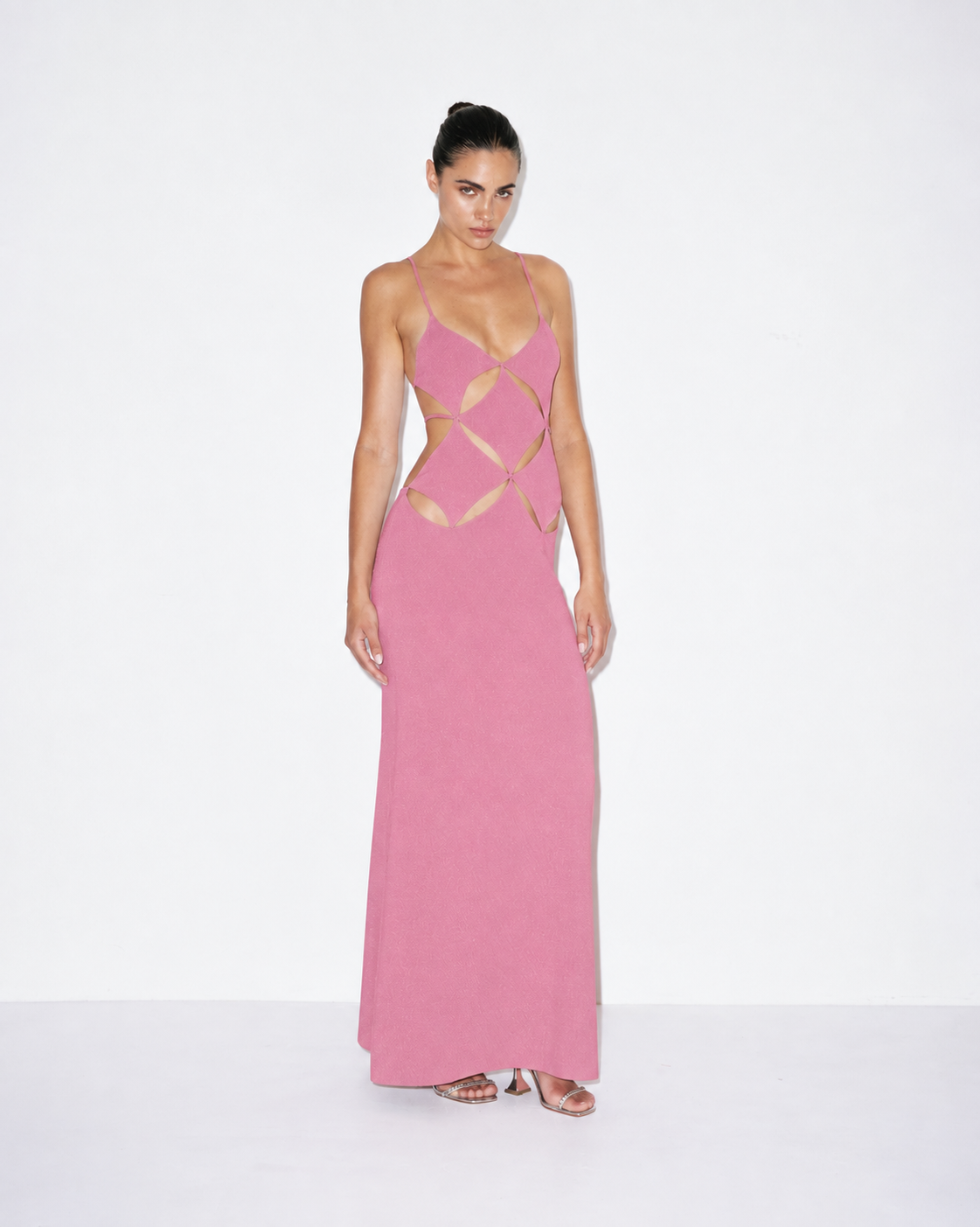 Pink V-neck maxi dress with thin straps and geometric diamond insert at front