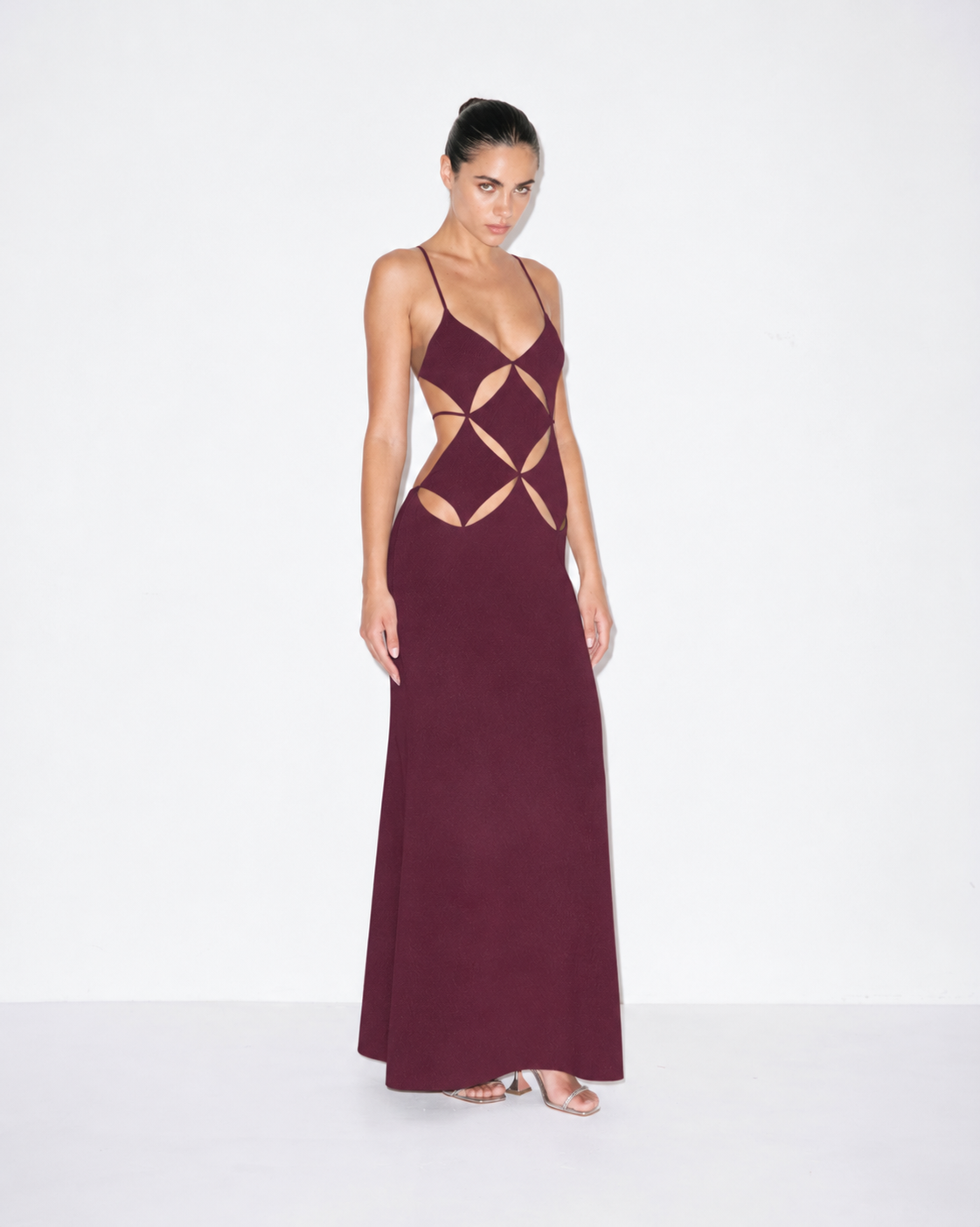 Gaia dress in plum with spaghetti straps and geometric cutout bodice, maxi length