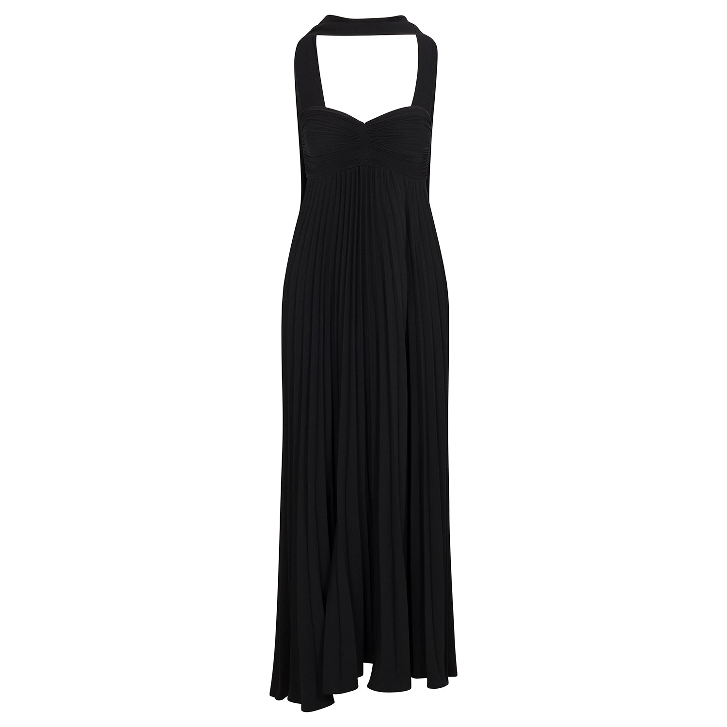 Black sleeveless halter maxi dress, pleated bodice and flowing skirt