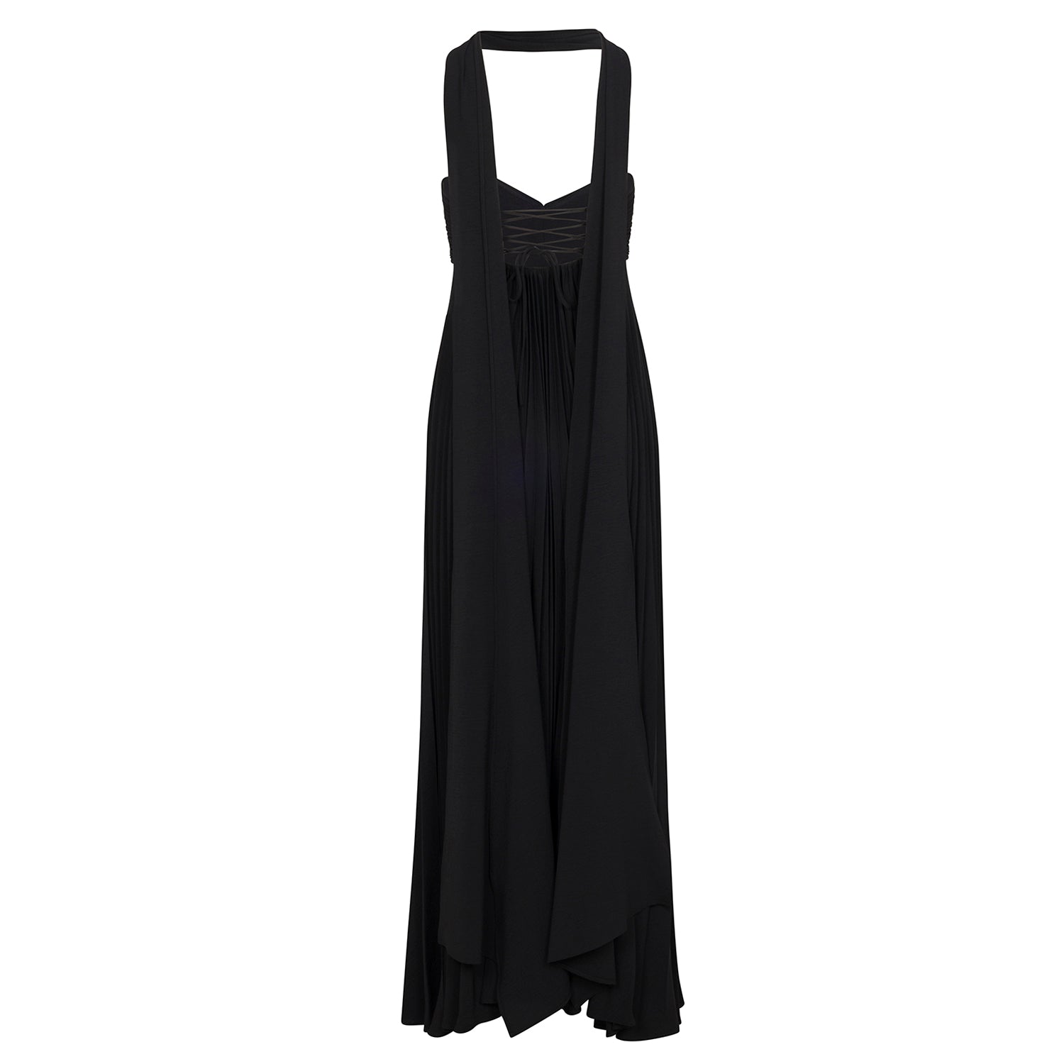 Black sleeveless halter maxi dress with draped pleats at bodice, flowing skirt